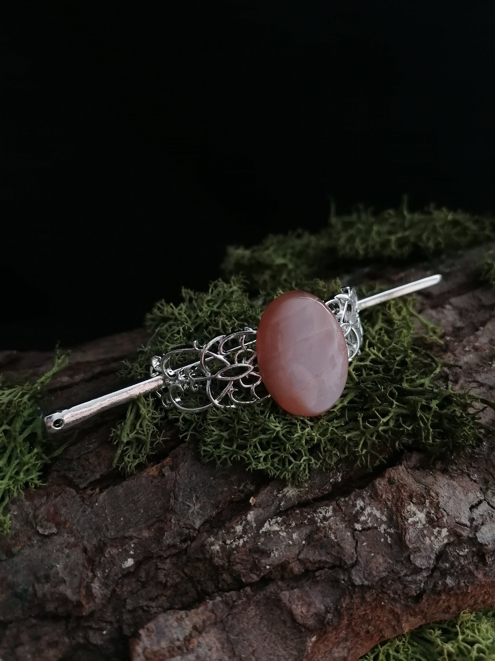 Haarspange mit Pfirsich Mondstein, Haarclip in silber, Elbisches Haar Accessoire