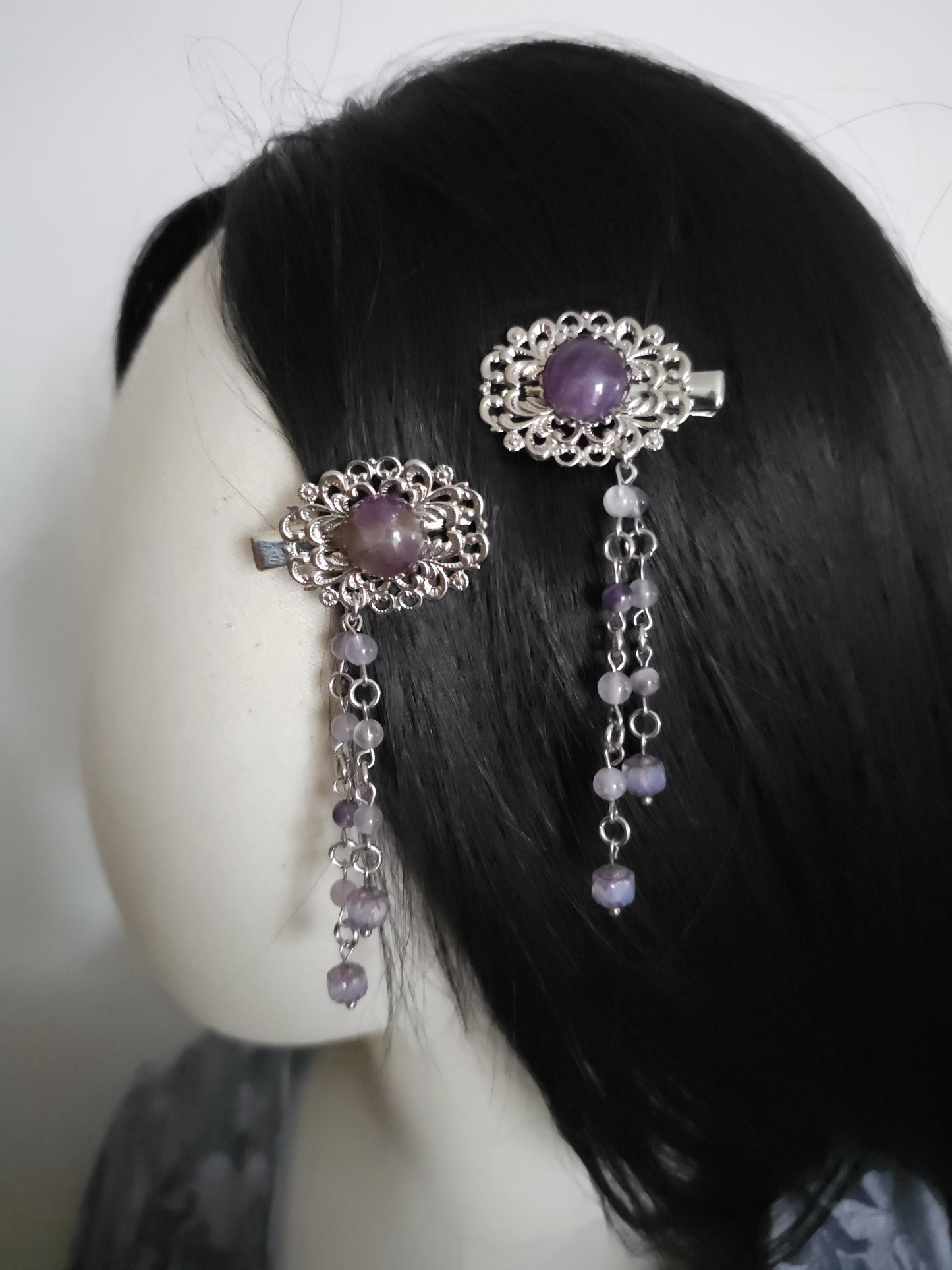 Haarclips mit Amethysten (2 Designs), fantasievolle Haarspangen, Vintage Spangen, Haar-Accessoire, Gothic, Wicca, Renaissance Faire