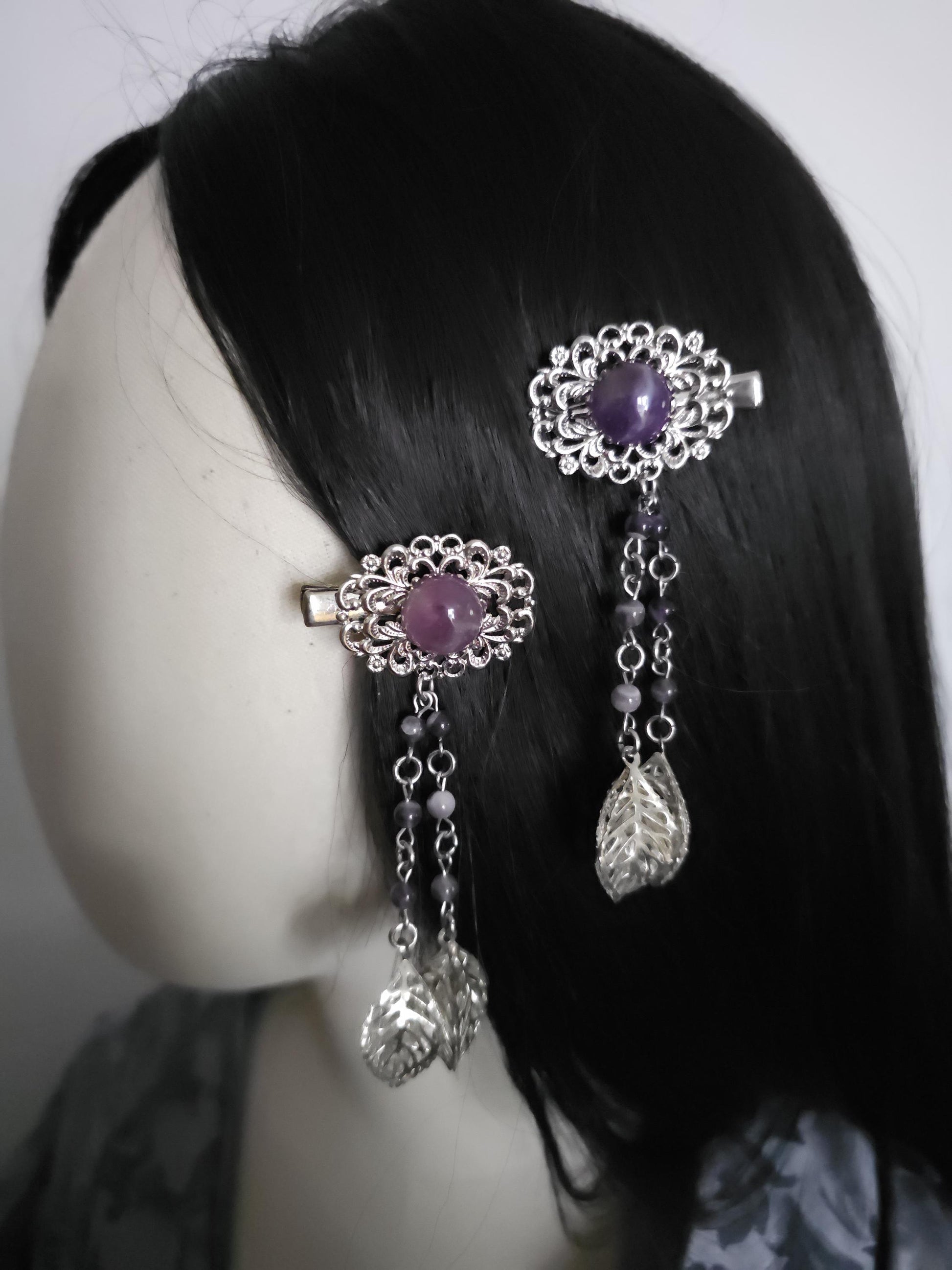 Haarclips mit Amethysten (2 Designs), fantasievolle Haarspangen, Vintage Spangen, Haar-Accessoire, Gothic, Wicca, Renaissance Faire