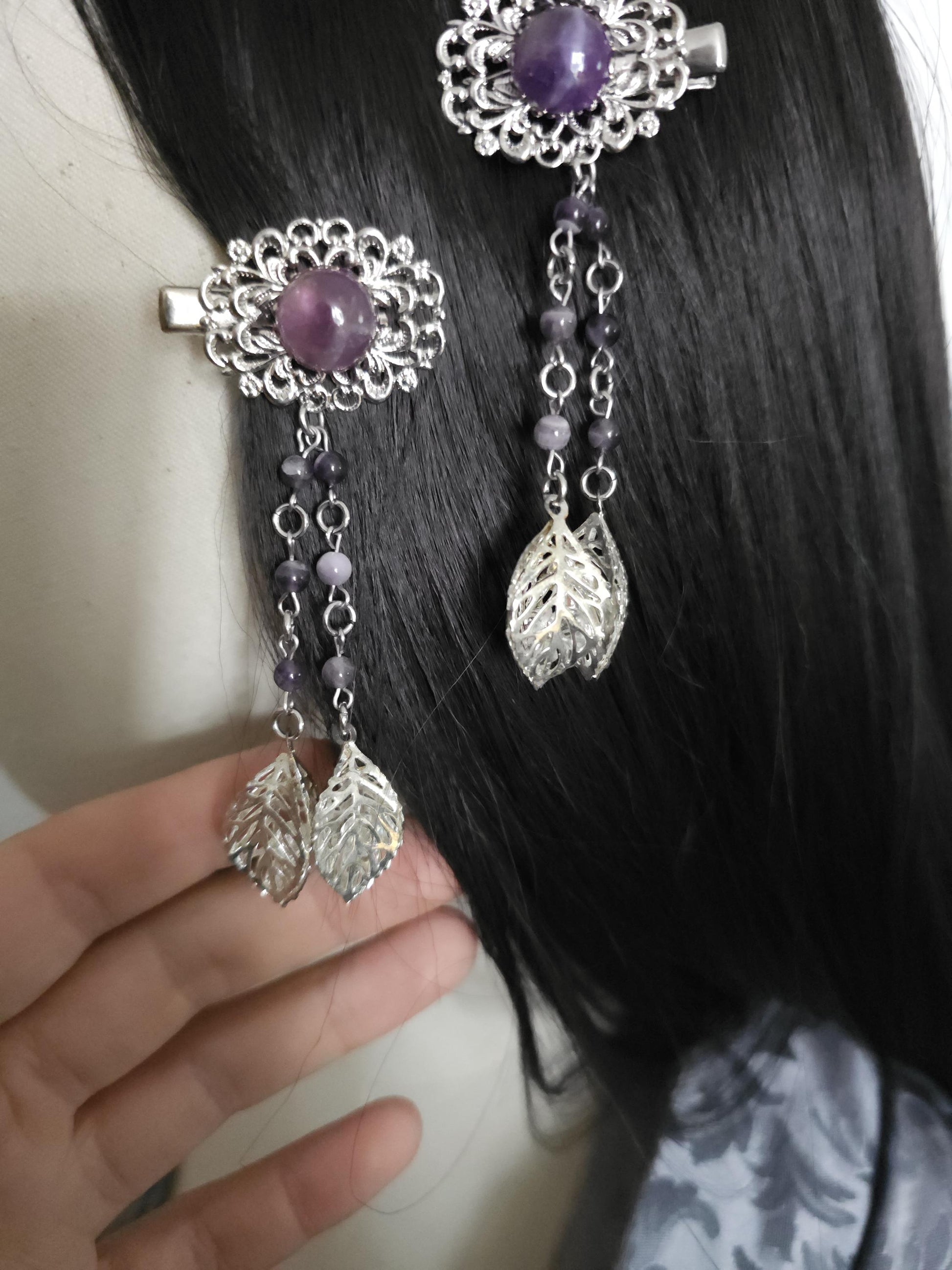 Haarclips mit Amethysten (2 Designs), fantasievolle Haarspangen, Vintage Spangen, Haar-Accessoire, Gothic, Wicca, Renaissance Faire