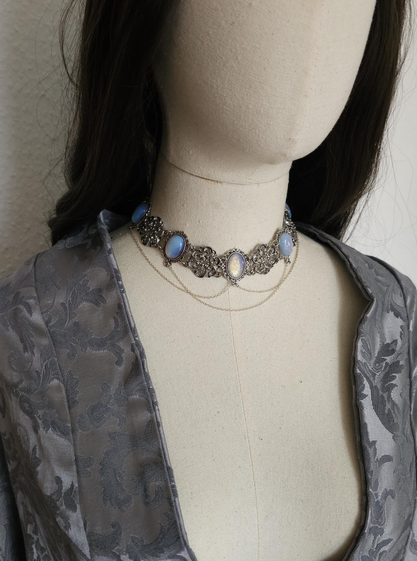 Opalith Choker Silber • Gothic Boho Halskette • Verstellbarer Halsschmuck • 925 Silber Kette • Fantasy Schmuck • Glas Opal •Geschenk für sie