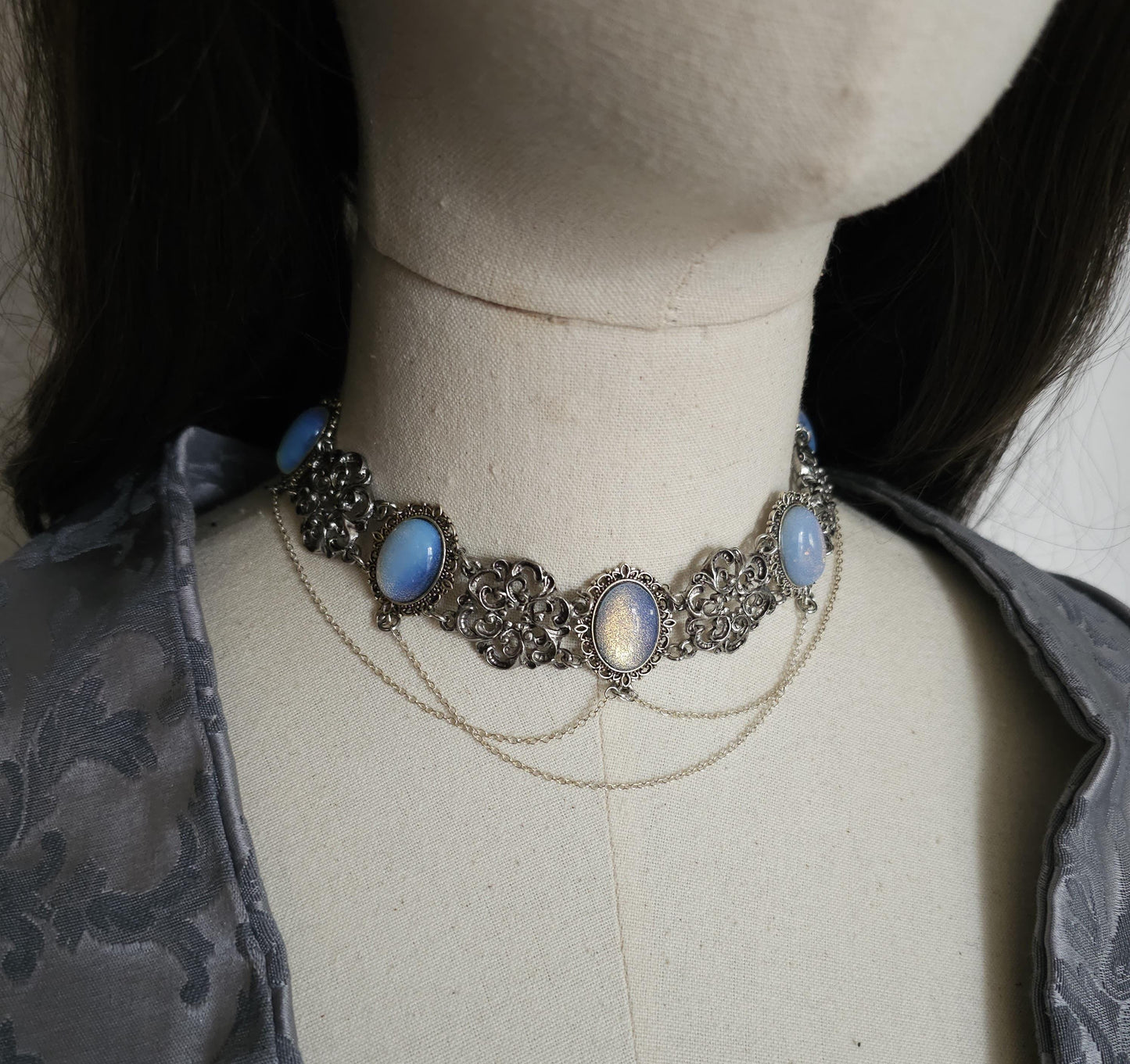 Opalith Choker Silber • Gothic Boho Halskette • Verstellbarer Halsschmuck • 925 Silber Kette • Fantasy Schmuck • Glas Opal •Geschenk für sie