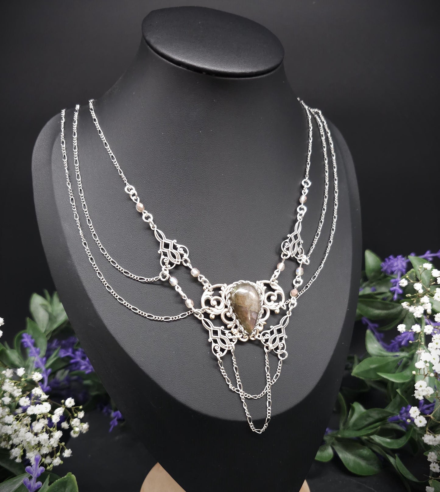 Labradorit Halskette - Art Nouveau Collier - Brautschmuck - Größenverstellbar - Unikat