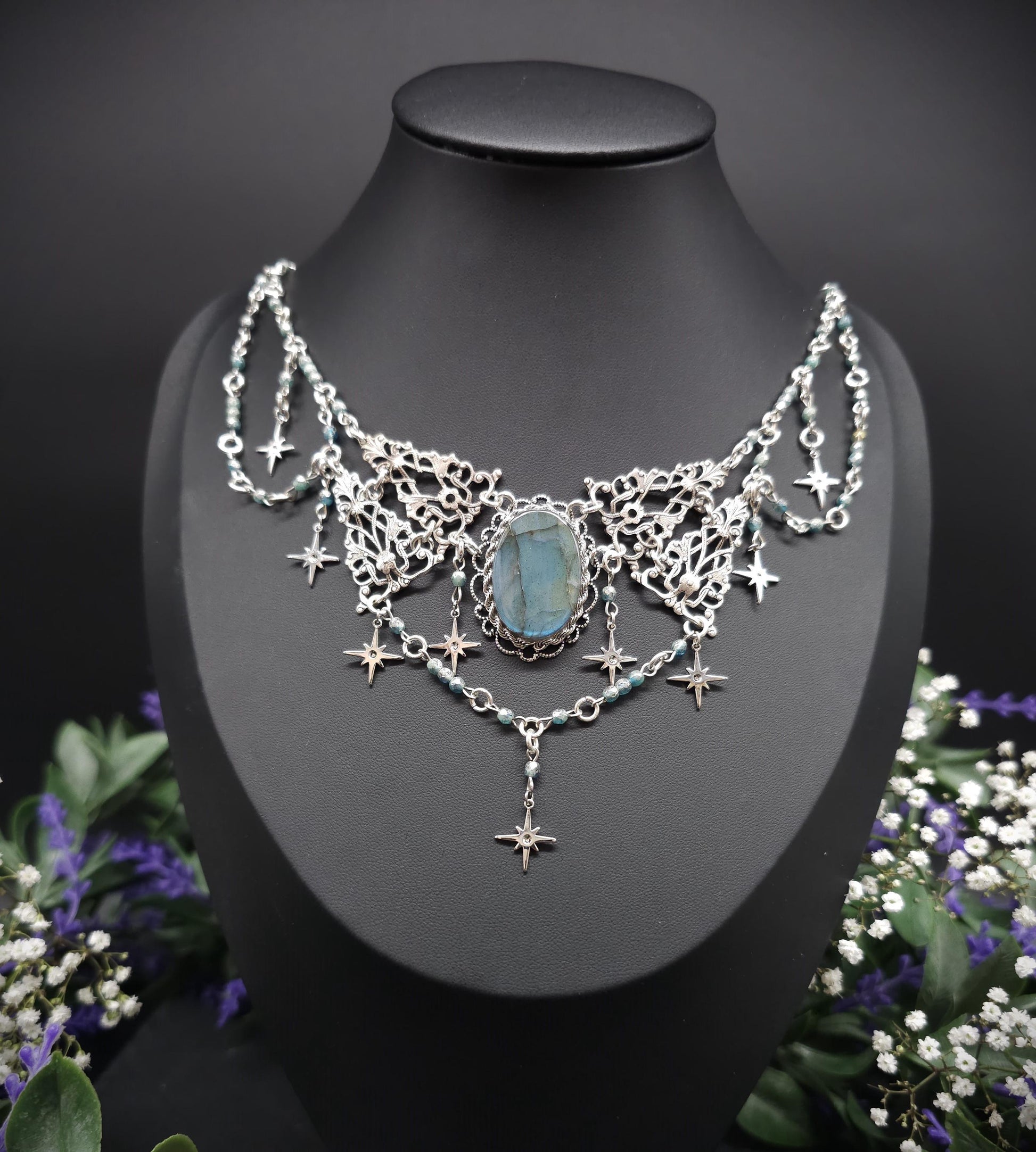 Art Nouveau Collier mit türkisblauem Labradorit - Fantasy Halskette - Braut / Hochzeits-Schmuck