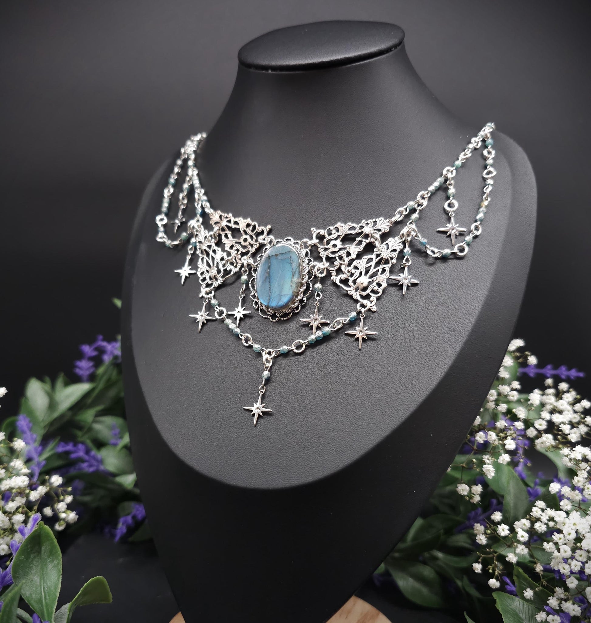 Art Nouveau Collier mit türkisblauem Labradorit - Fantasy Halskette - Braut / Hochzeits-Schmuck