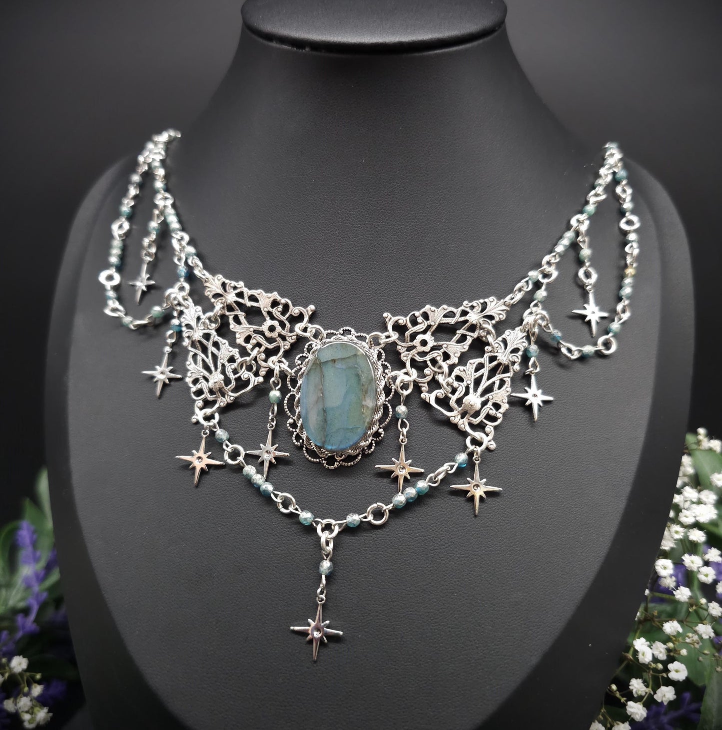 Art Nouveau Collier mit türkisblauem Labradorit - Fantasy Halskette - Braut / Hochzeits-Schmuck