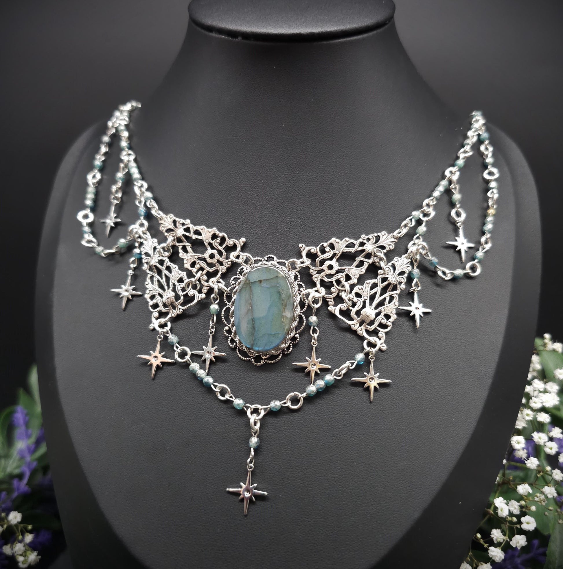 Art Nouveau Collier mit türkisblauem Labradorit - Fantasy Halskette - Braut / Hochzeits-Schmuck