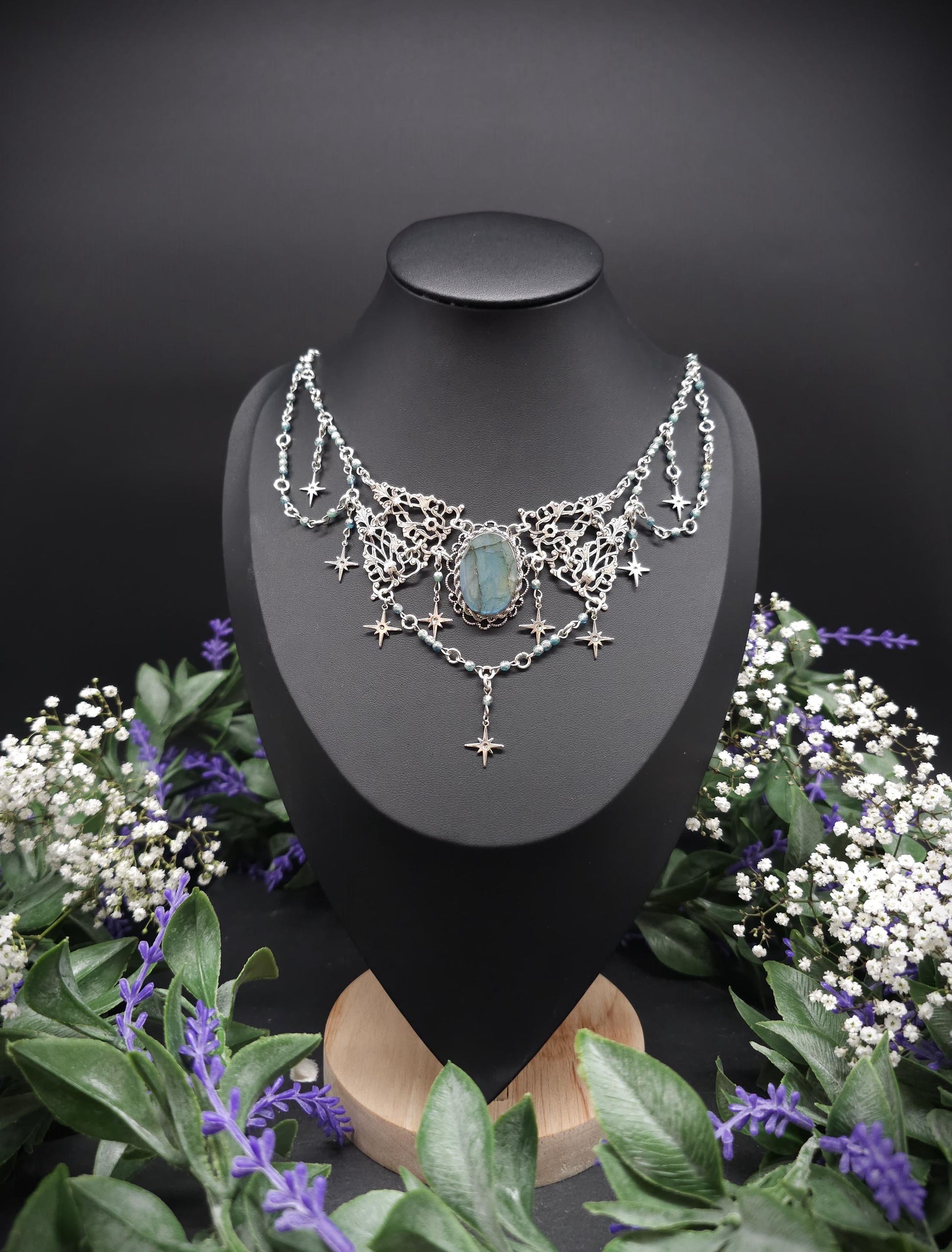 Art Nouveau Collier mit türkisblauem Labradorit - Fantasy Halskette - Braut / Hochzeits-Schmuck