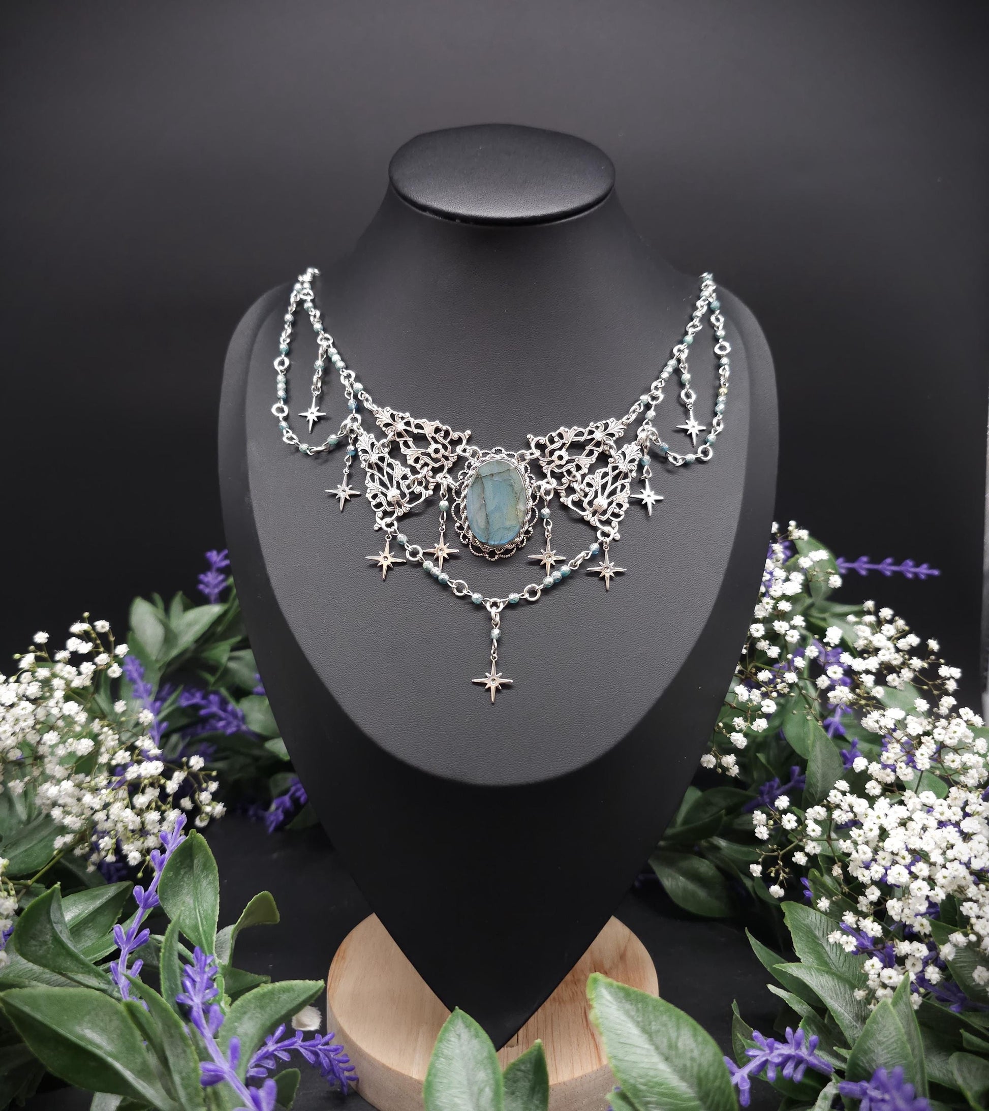Art Nouveau Collier mit türkisblauem Labradorit - Fantasy Halskette - Braut / Hochzeits-Schmuck