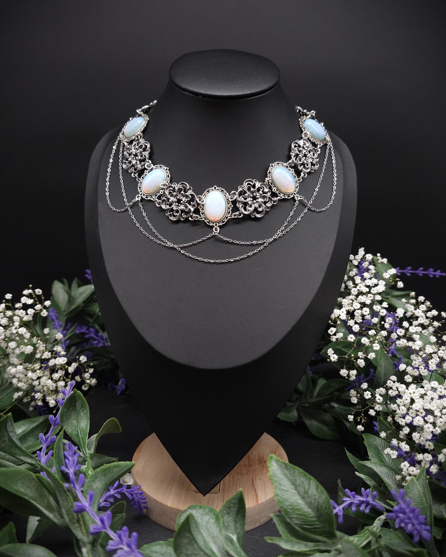 Opalith Choker Silber • Gothic Halskette • Größenverstellbarer Schmuck • 925 Silber Kette • Fantasy Schmuck • Brautschmuck