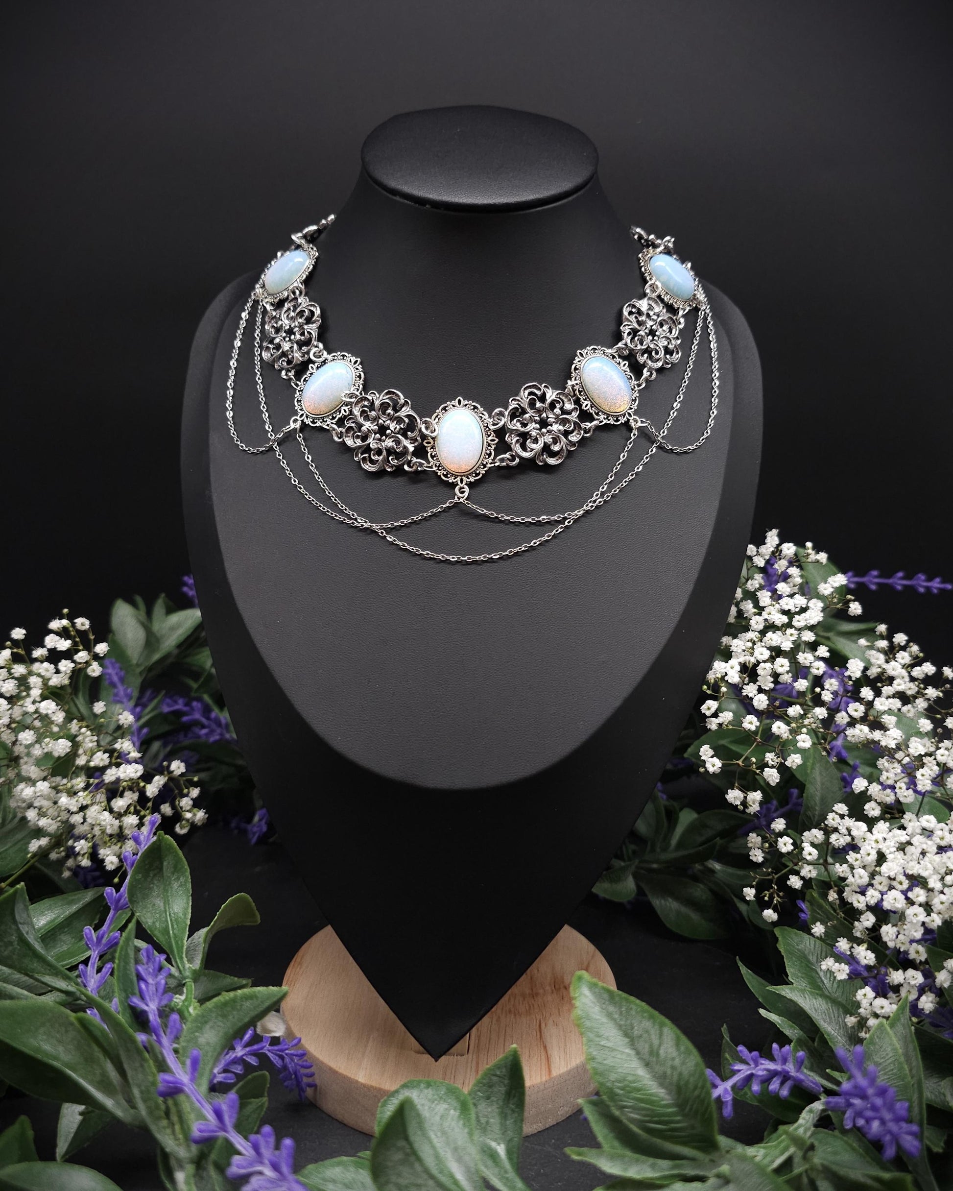 Opalith Choker Silber • Gothic Halskette • Größenverstellbarer Schmuck • 925 Silber Kette • Fantasy Schmuck • Brautschmuck