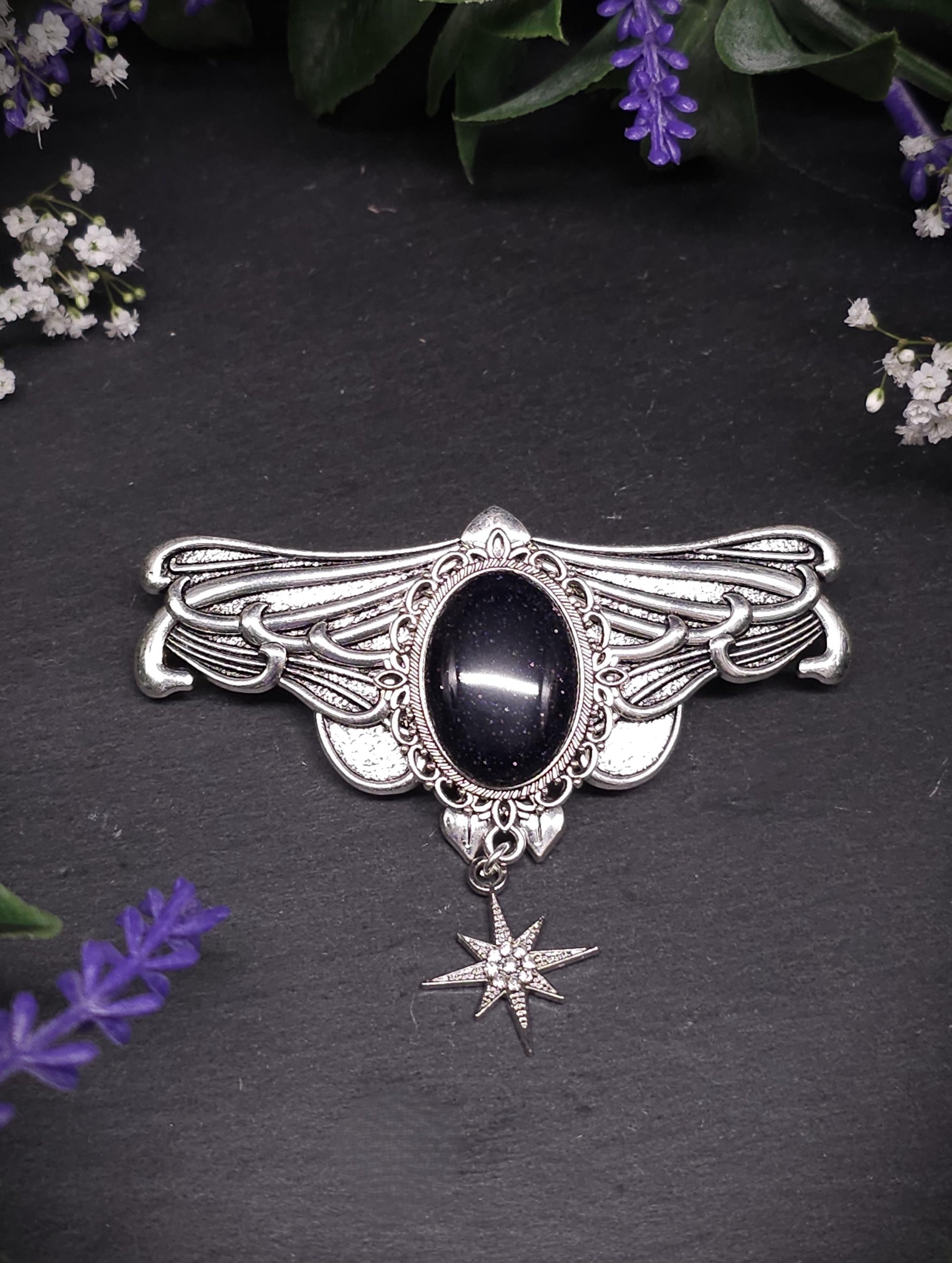 Silberne Jugendstil Haarspange mit Blaufluss Cabochon - Sternanhänger – Schmetterlings Vintage Design