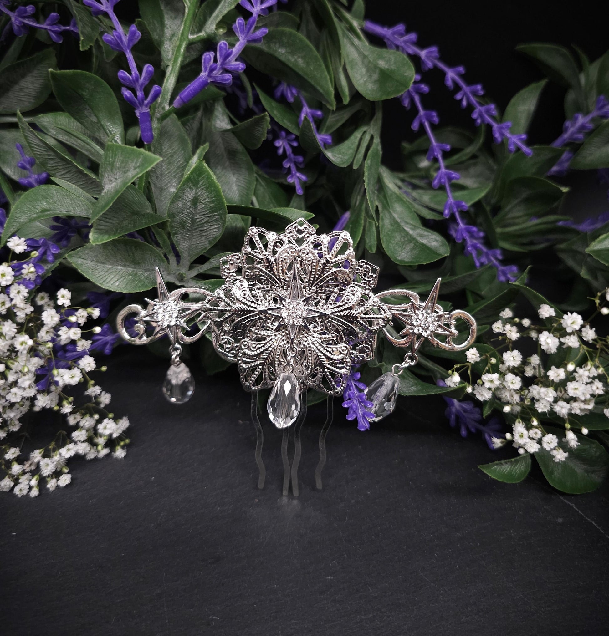 Silberner Braut-Haarkamm - mit Sternen und Kristalltropfen –Hochzeits-Haarschmuck - Fantasy Accessoire