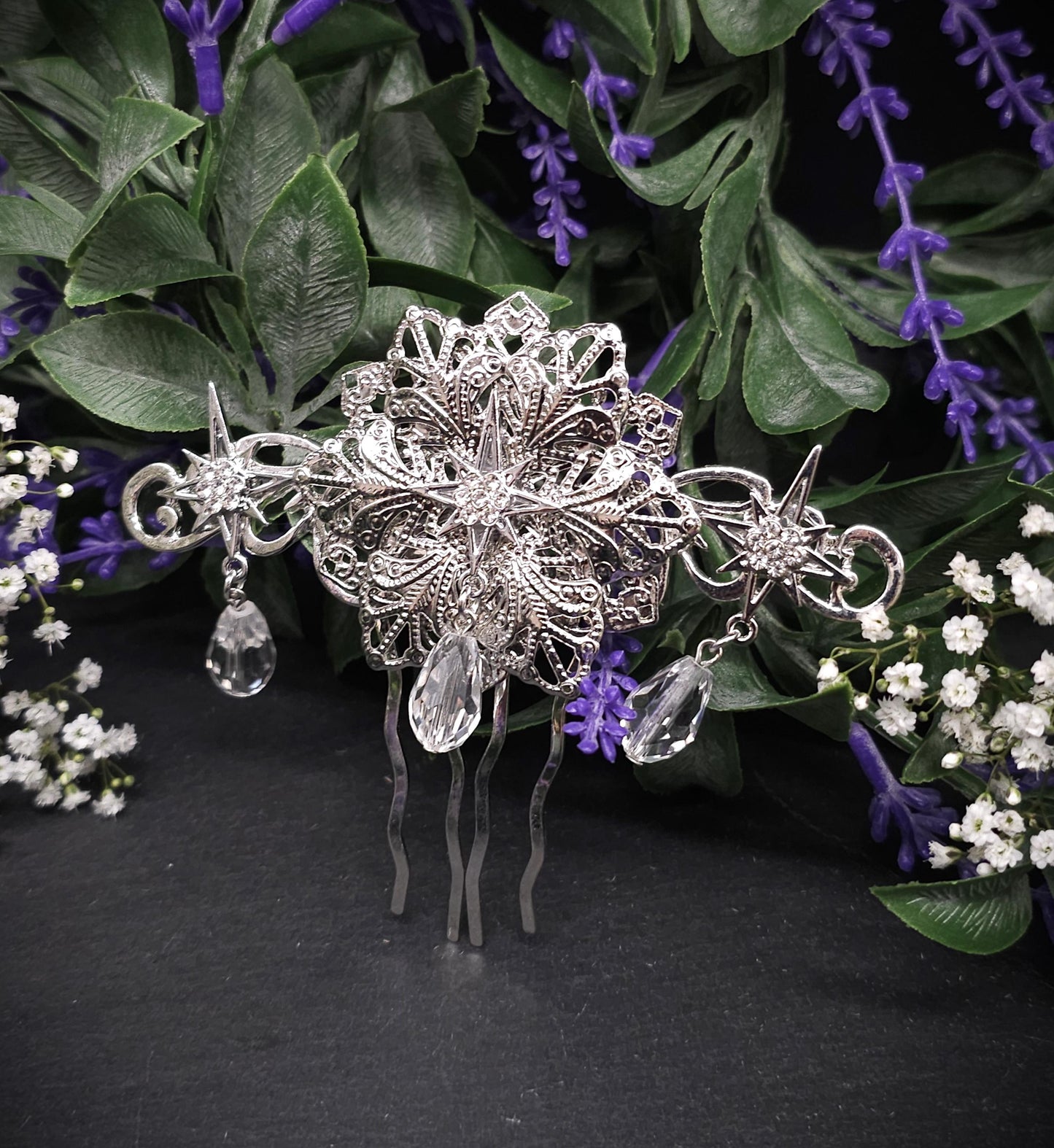 Silberner Braut-Haarkamm - mit Sternen und Kristalltropfen –Hochzeits-Haarschmuck - Fantasy Accessoire