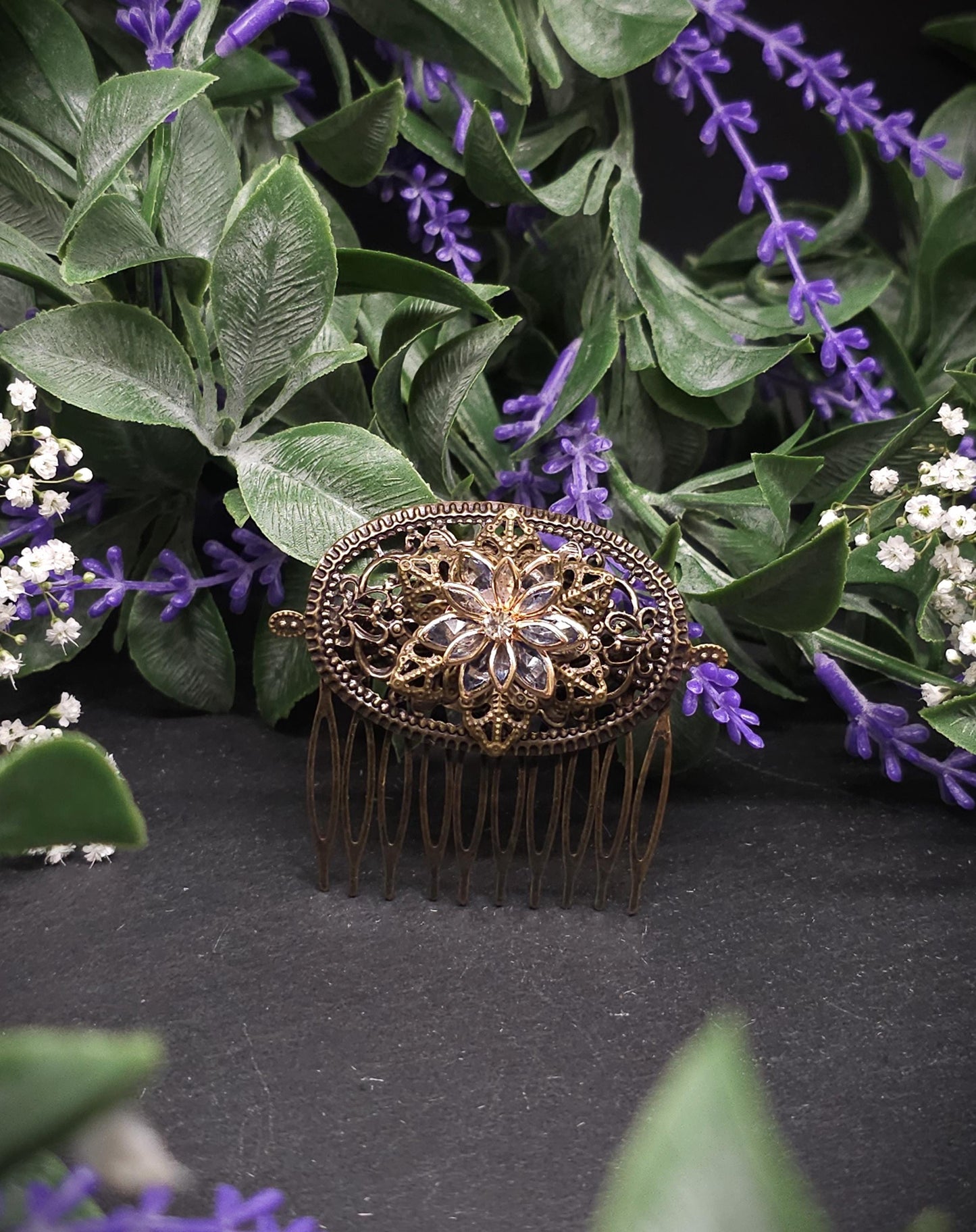 Kleiner Haarkamm in Bronze Optik ~ goldene Kristallblüte ~ filigraner Vintage Haarschmuck für Braut, LARP, Mittelalter und Gothic