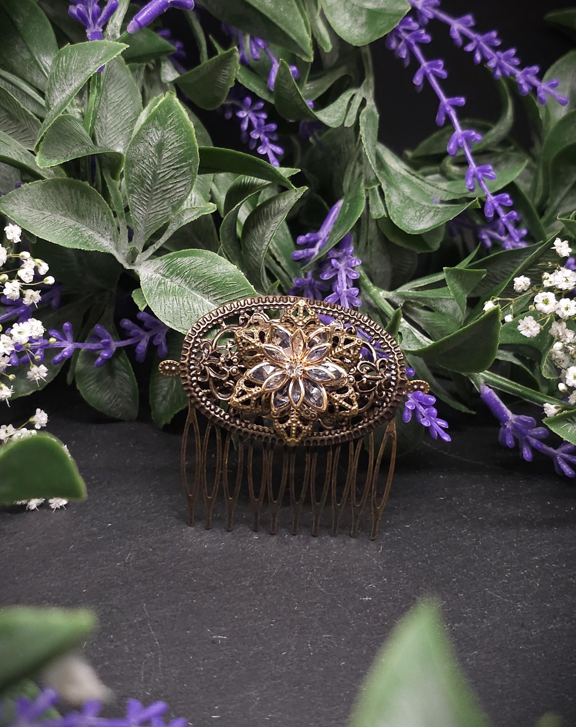 Kleiner Haarkamm in Bronze Optik ~ goldene Kristallblüte ~ filigraner Vintage Haarschmuck für Braut, LARP, Mittelalter und Gothic
