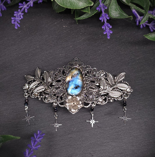 Labradorit Haarspange – mit Sternen, Zweigen und blauen Perlen - Mysticher Fantasy Haarschmuck