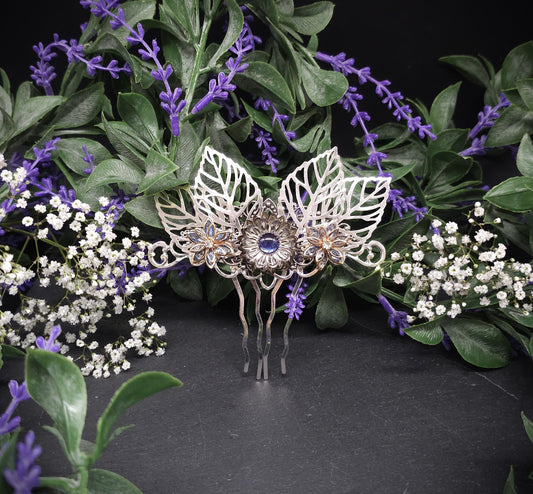 Filigraner Haarkamm mit Blättern ~ gold-blaue Kristallblüten ~ Accessoire für Brautfrisuren, LARP, Gothic ~ Fantasy und Elfen-Haarschmuck