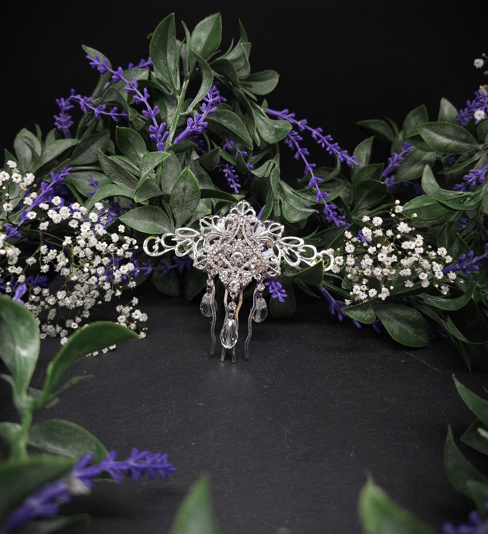 Silberner Haarkamm mit Strass-Elementen ~ Klare Glasperlen ~ Schmuck für Bräute, Hochzeiten, LARP, Gothic und Fantasy ~ Vintage Haarschmuck