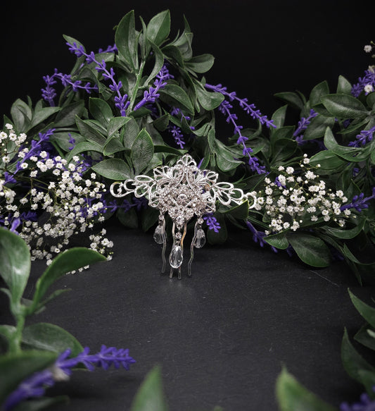 Silberner Haarkamm mit Strass-Elementen ~ Klare Glasperlen ~ Schmuck für Bräute, Hochzeiten, LARP, Gothic und Fantasy ~ Vintage Haarschmuck