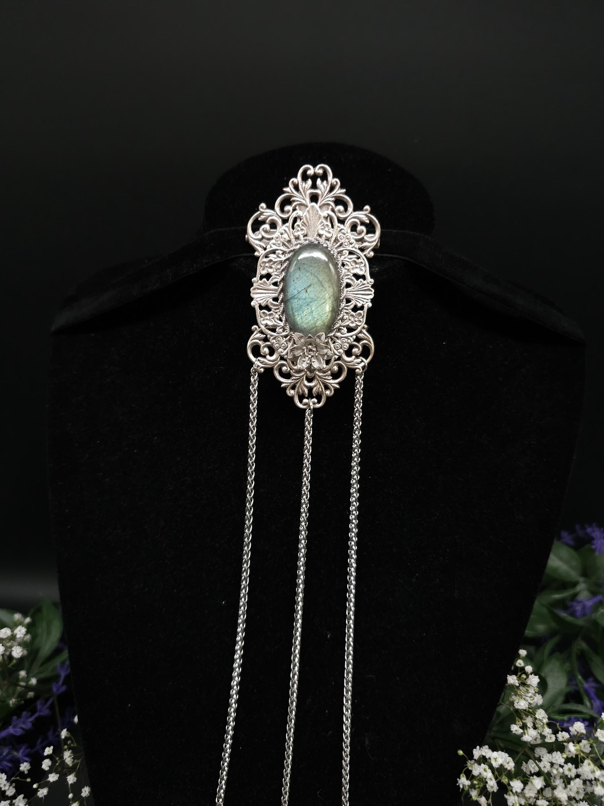 Jugendstil Brosche ~ Seltener Labradorit in Salbei türkis ~ Art Nouveau Accessoire für Schals, Tücher, Mittelalter, Gothic, Fantasy