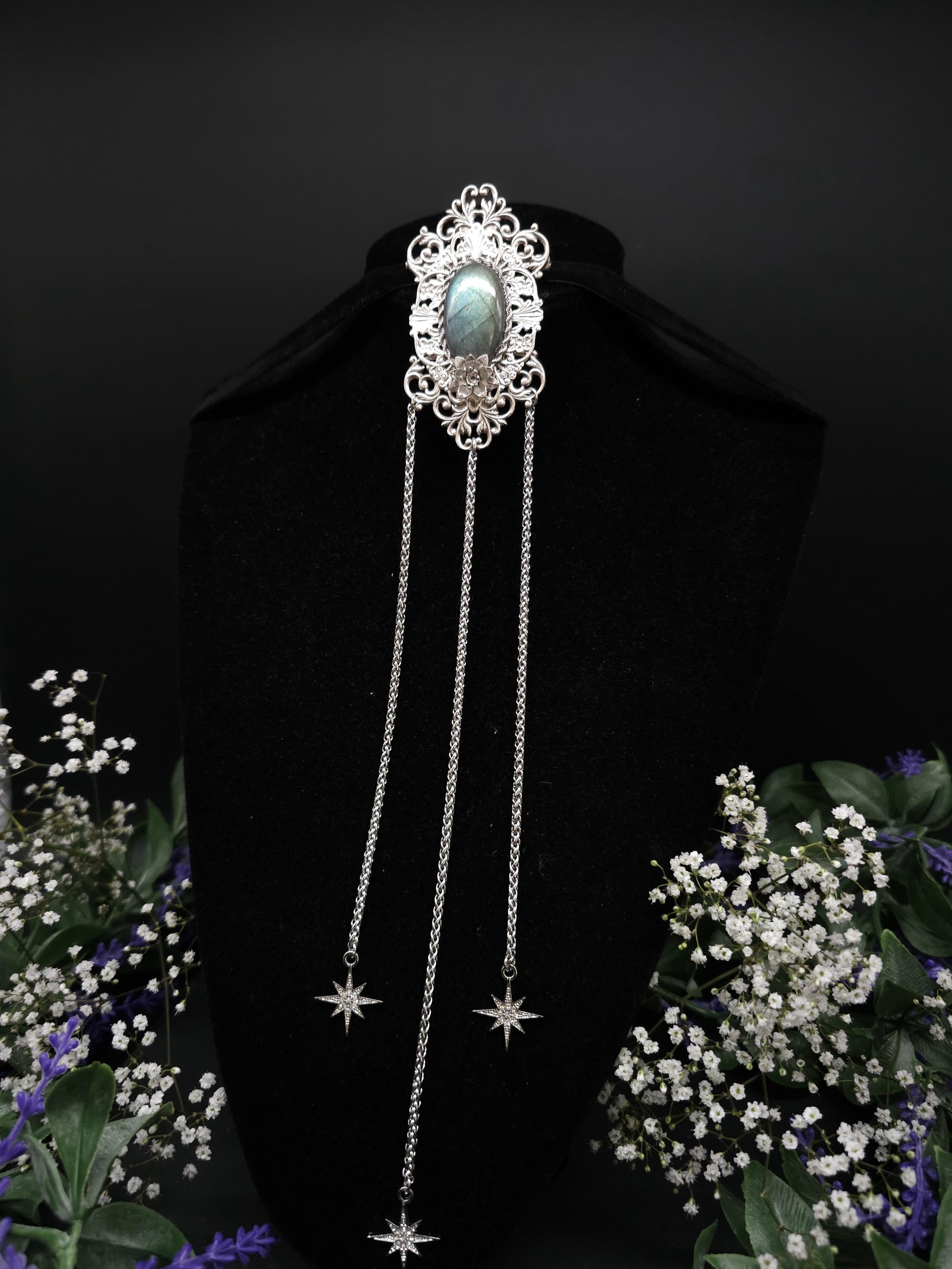 Jugendstil Brosche ~ Seltener Labradorit in Salbei türkis ~ Art Nouveau Accessoire für Schals, Tücher, Mittelalter, Gothic, Fantasy