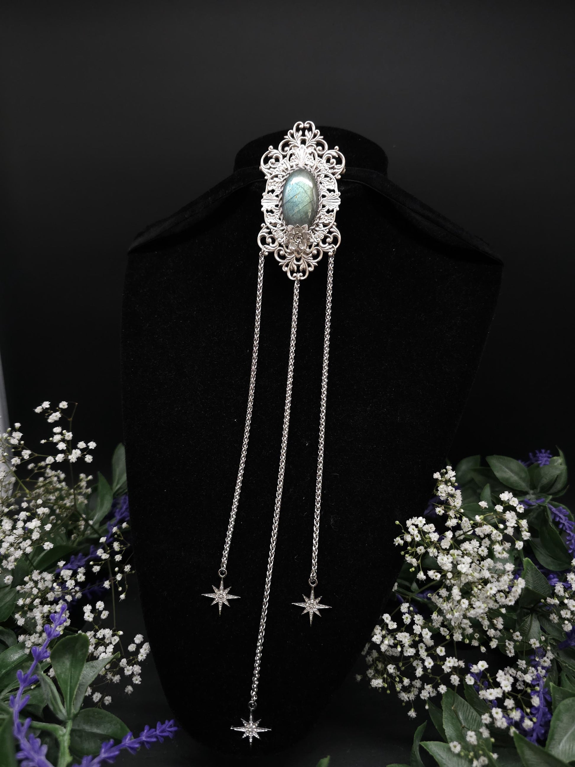 Jugendstil Brosche ~ Seltener Labradorit in Salbei türkis ~ Art Nouveau Accessoire für Schals, Tücher, Mittelalter, Gothic, Fantasy