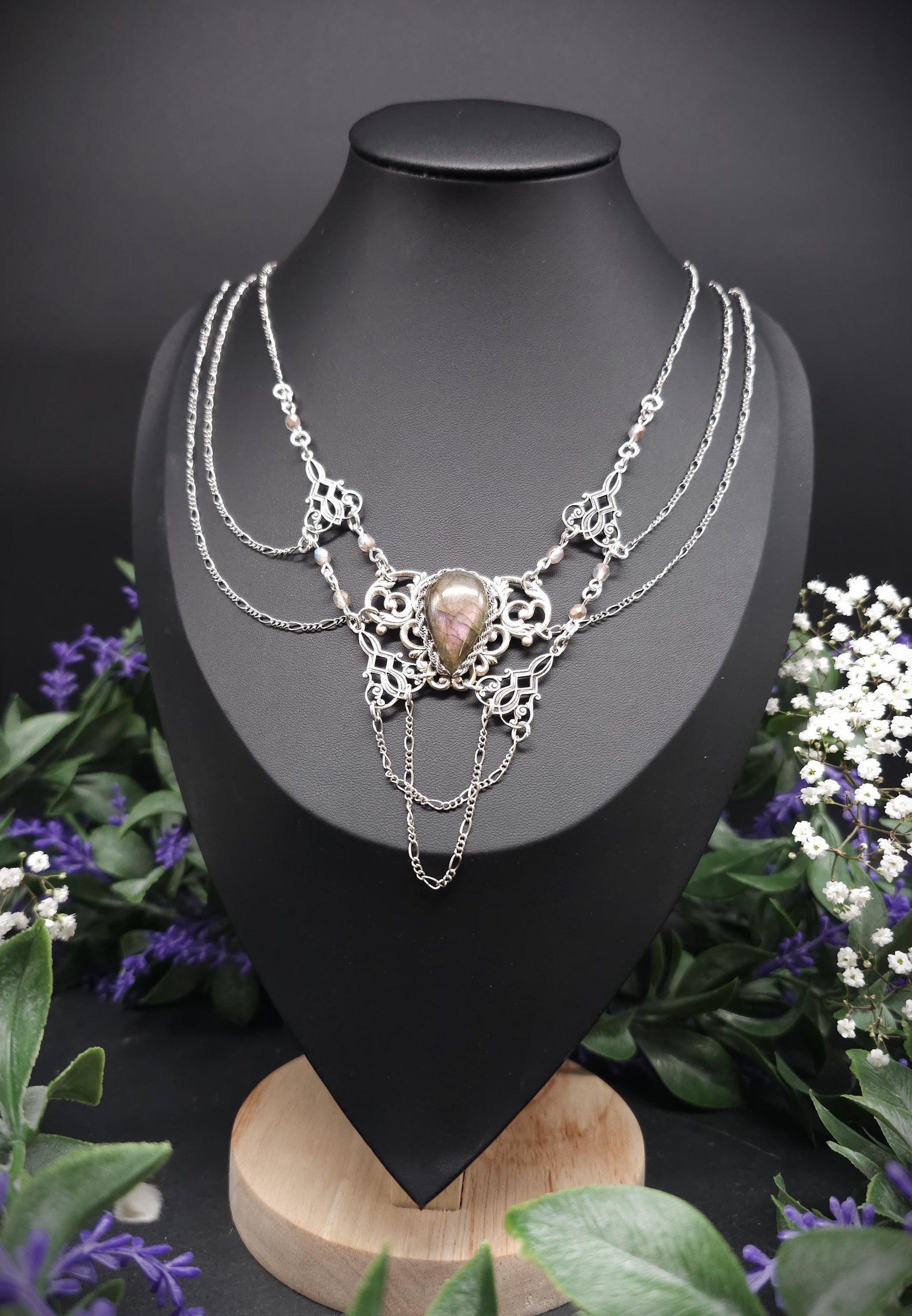 Labradorit Halskette - Art Nouveau Collier - Brautschmuck - Größenverstellbar - Unikat
