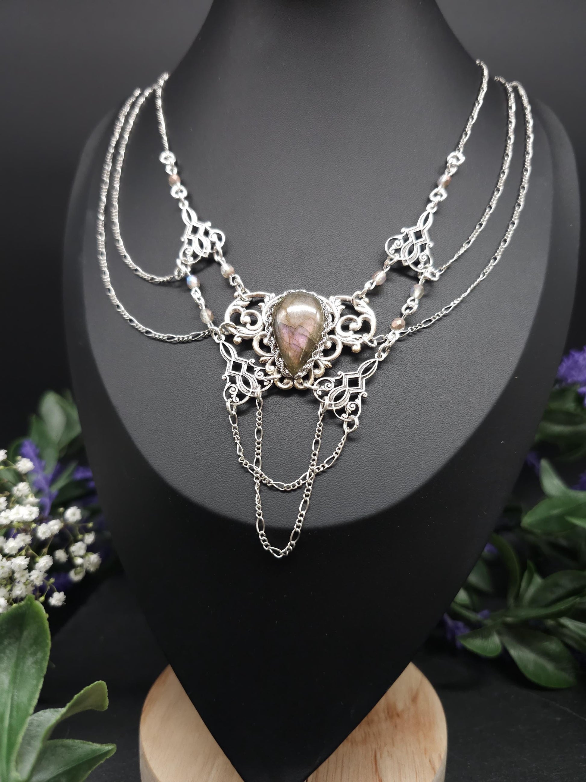 Labradorit Halskette - Art Nouveau Collier - Brautschmuck - Größenverstellbar - Unikat