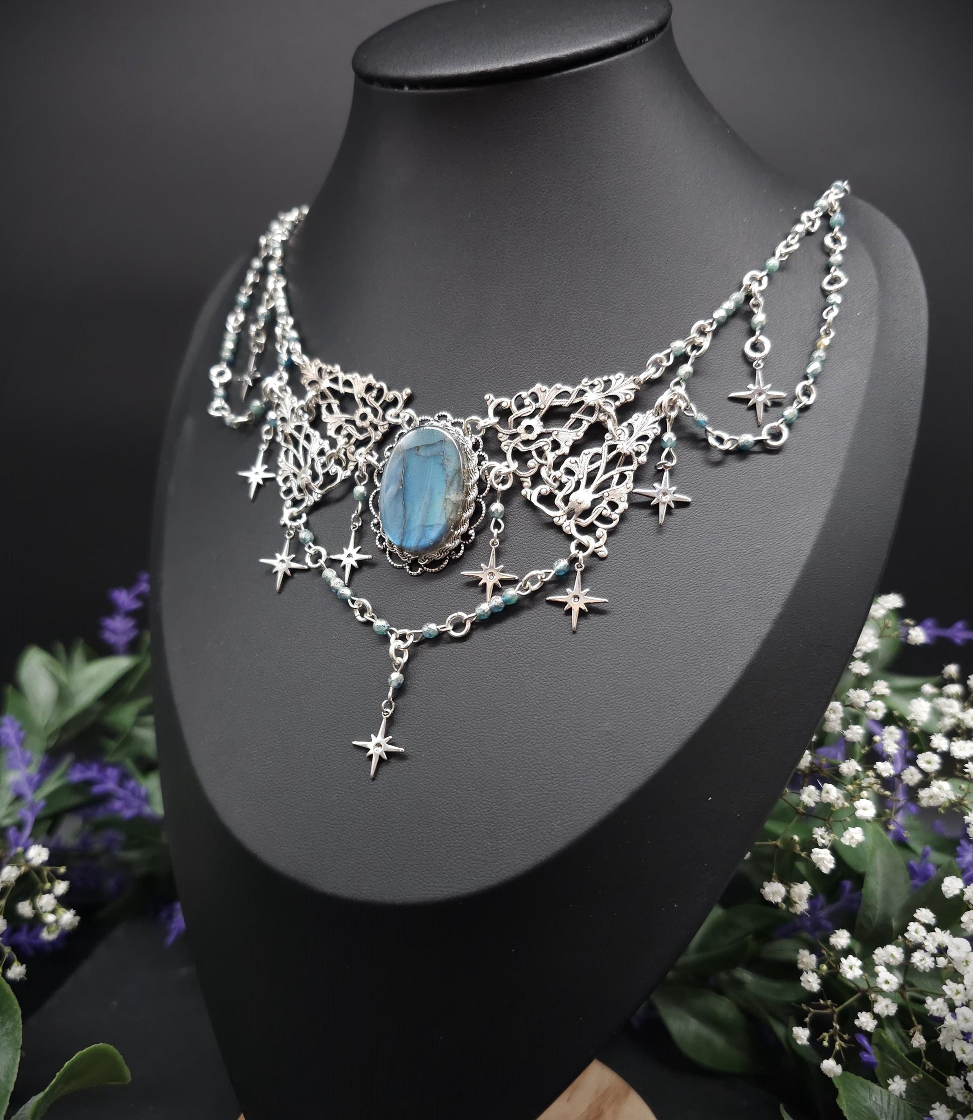Art Nouveau Collier mit türkisblauem Labradorit - Fantasy Halskette - Braut / Hochzeits-Schmuck