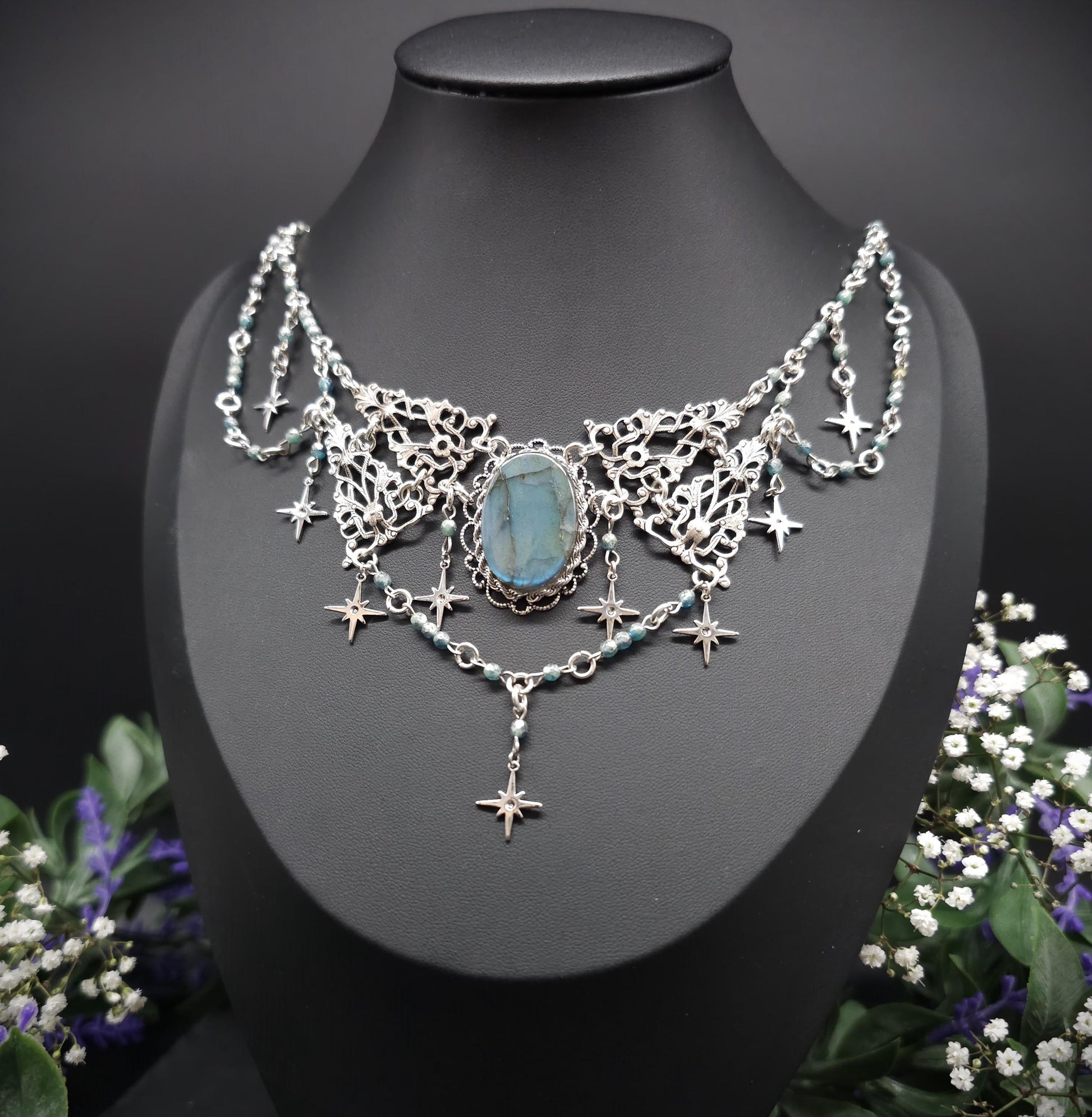 Art Nouveau Collier mit türkisblauem Labradorit - Fantasy Halskette - Braut / Hochzeits-Schmuck