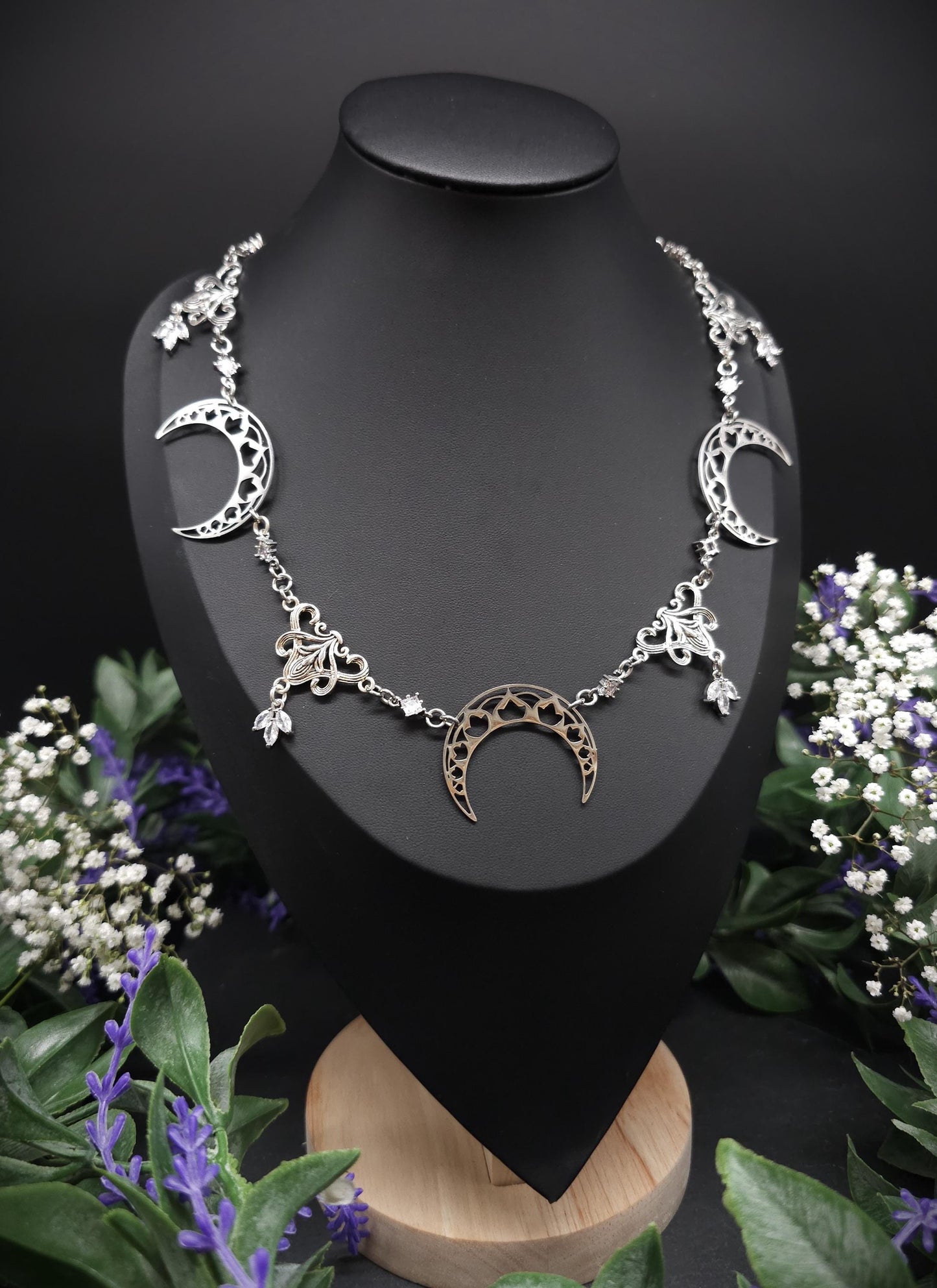 Edelstahl Mond Collier mit Zirkonia – Größenverstellbare Jugendstil Halskette, Fantasy & mystischer Schmuck