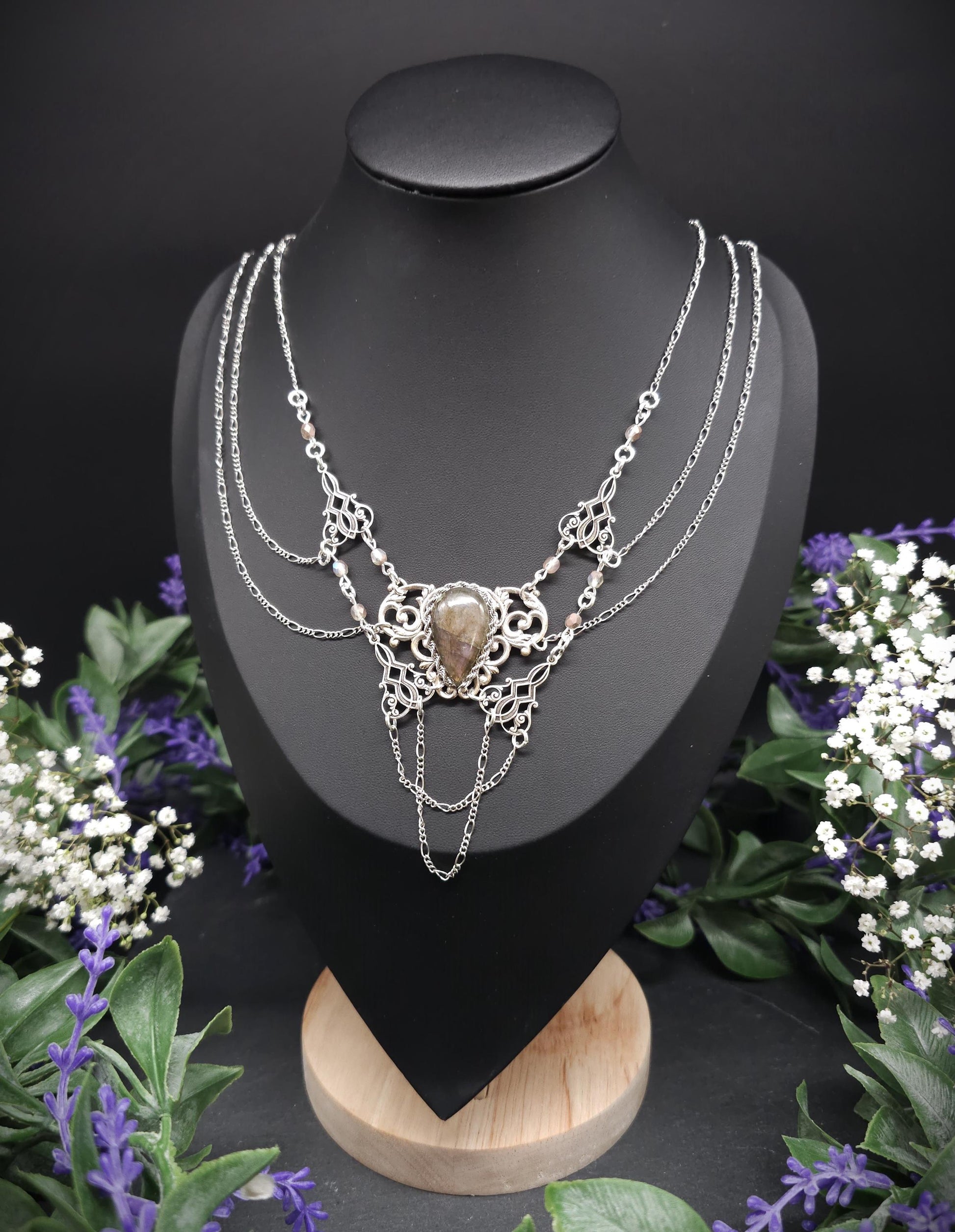Labradorit Halskette - Art Nouveau Collier - Brautschmuck - Größenverstellbar - Unikat