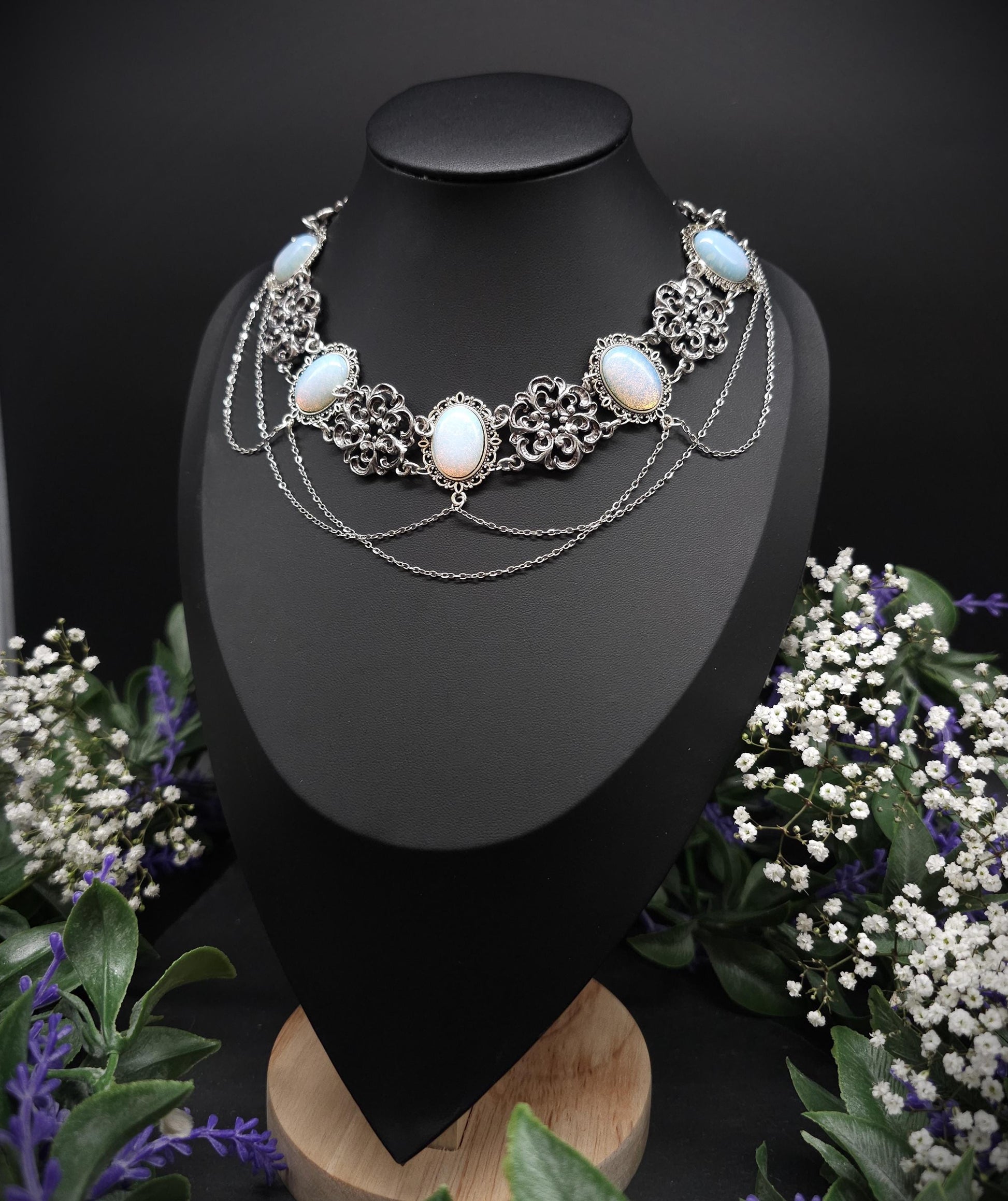 Opalith Choker Silber • Gothic Halskette • Größenverstellbarer Schmuck • 925 Silber Kette • Fantasy Schmuck • Brautschmuck