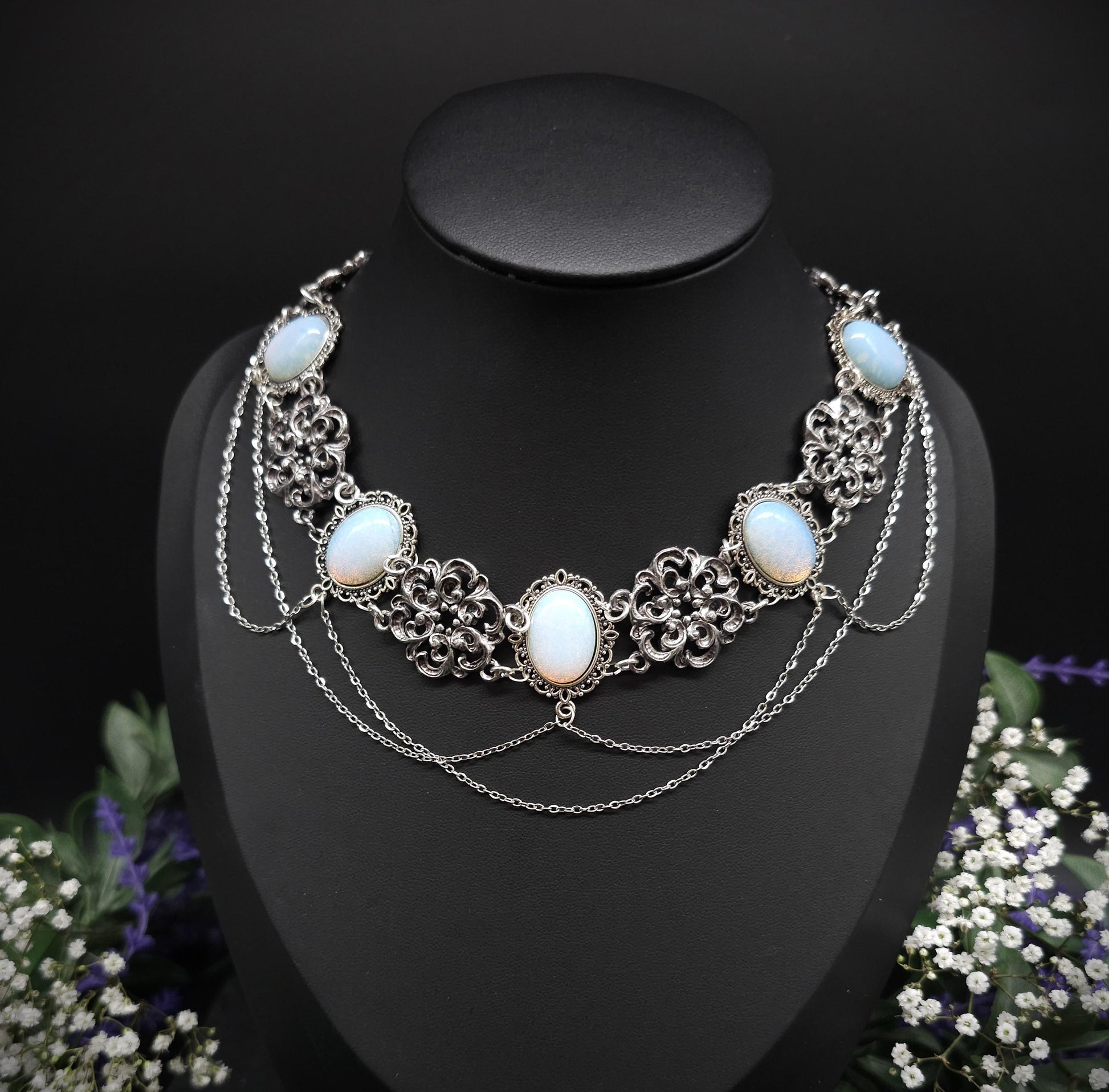 Opalith Choker Silber • Gothic Halskette • Größenverstellbarer Schmuck • 925 Silber Kette • Fantasy Schmuck • Brautschmuck