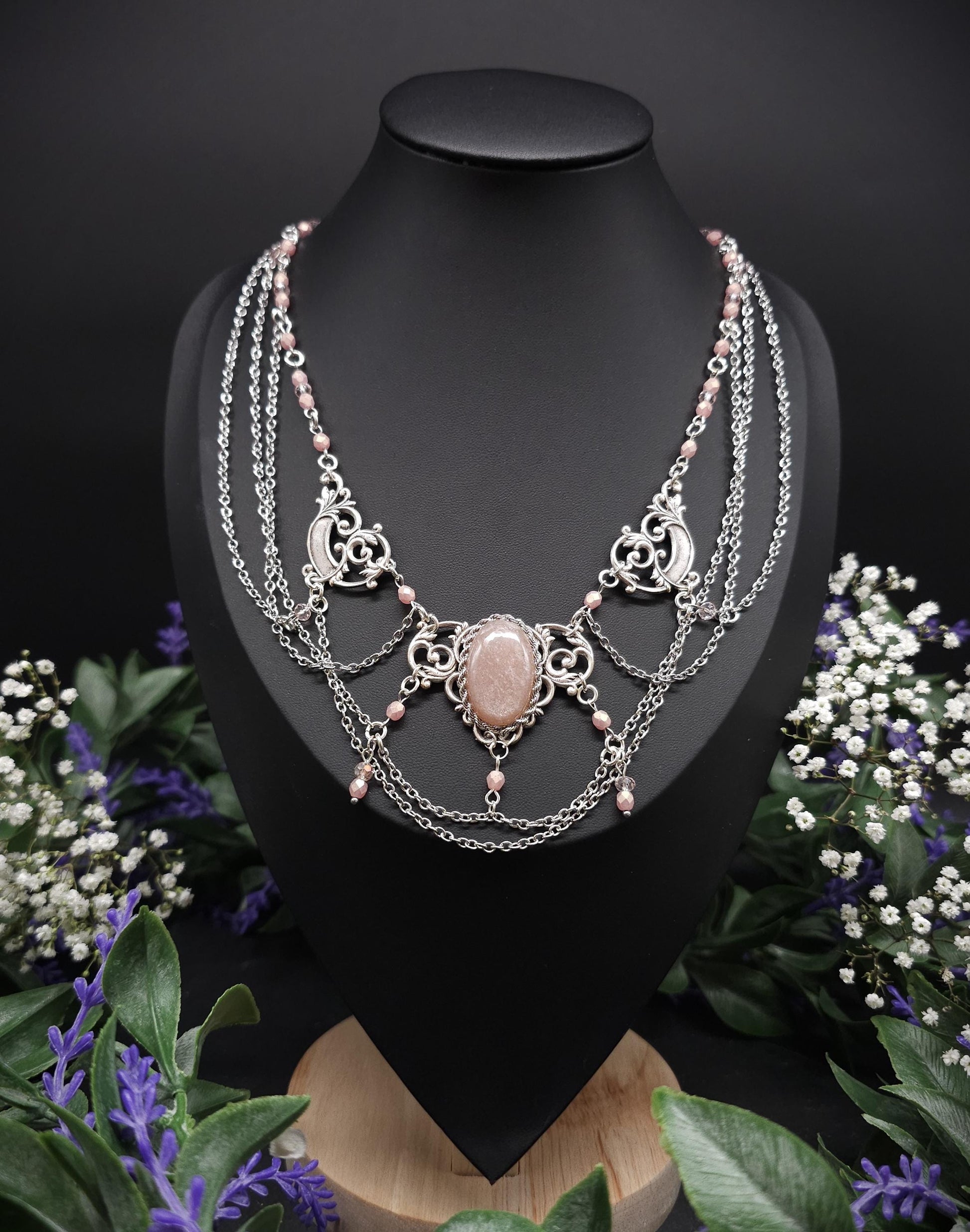 Pfirsich Mondstein Collier - tschechische facettierte Perlen – Art Nouveau Halskette, Größenverstellbarer Jugendstil Schmuck