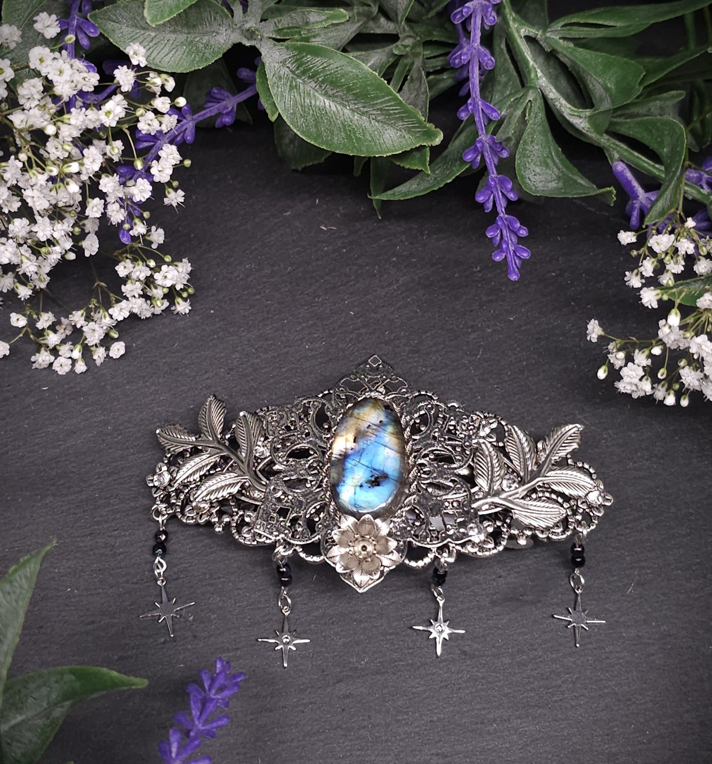 Labradorit Haarspange – mit Sternen, Zweigen und blauen Perlen - Mysticher Fantasy Haarschmuck