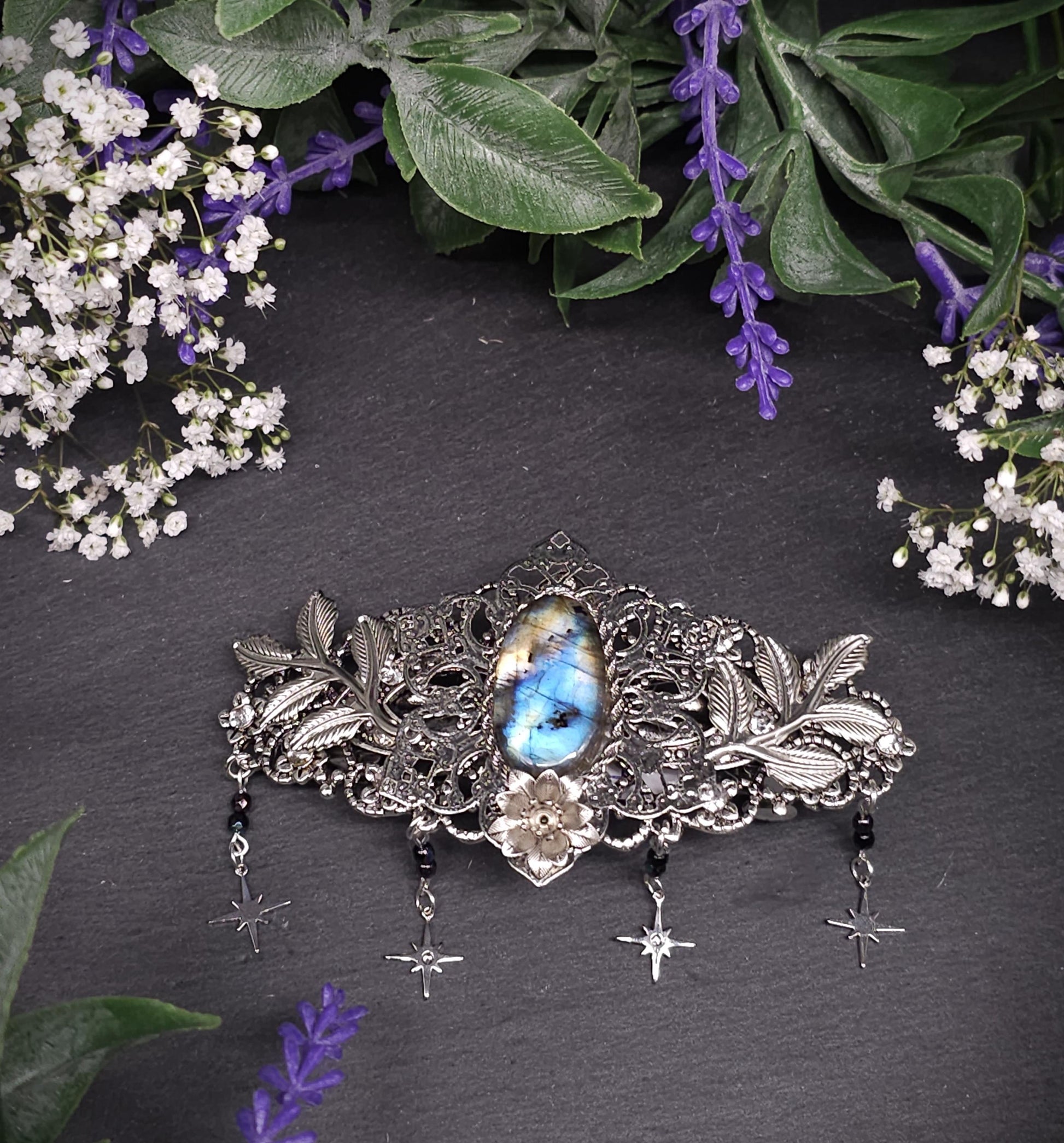 Labradorit Haarspange – mit Sternen, Zweigen und blauen Perlen - Mysticher Fantasy Haarschmuck