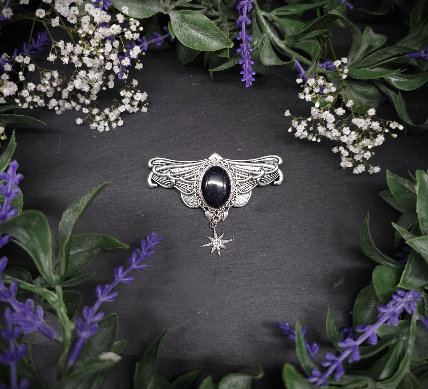 Silberne Jugendstil Haarspange mit Blaufluss Cabochon - Sternanhänger – Schmetterlings Vintage Design