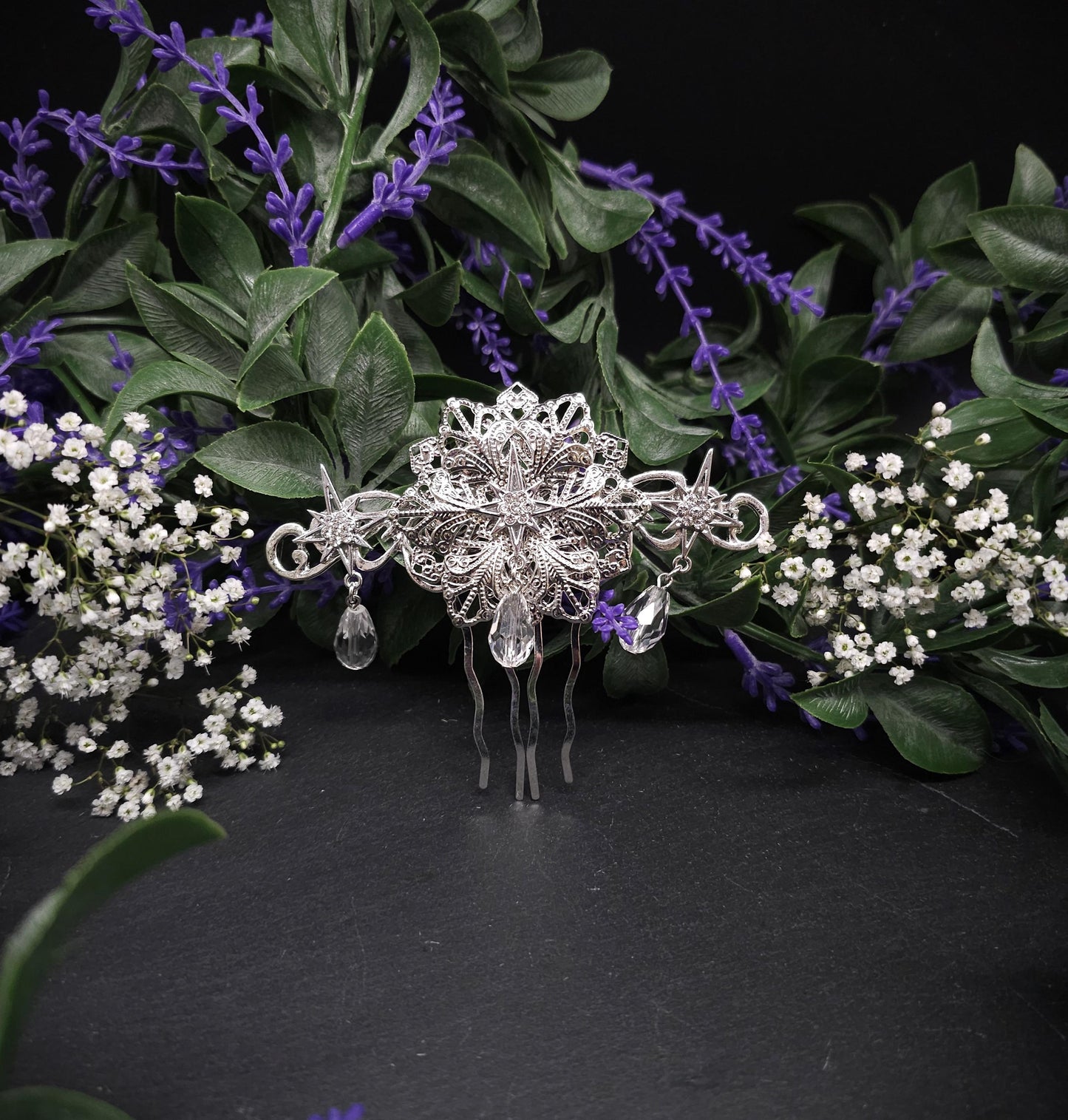Silberner Braut-Haarkamm - mit Sternen und Kristalltropfen –Hochzeits-Haarschmuck - Fantasy Accessoire