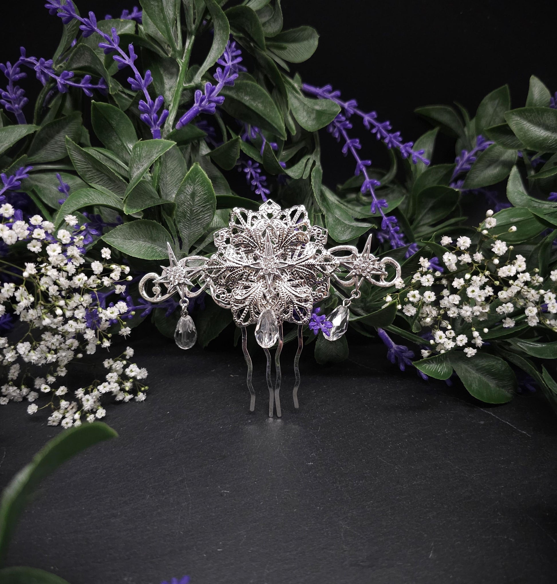 Silberner Braut-Haarkamm - mit Sternen und Kristalltropfen –Hochzeits-Haarschmuck - Fantasy Accessoire