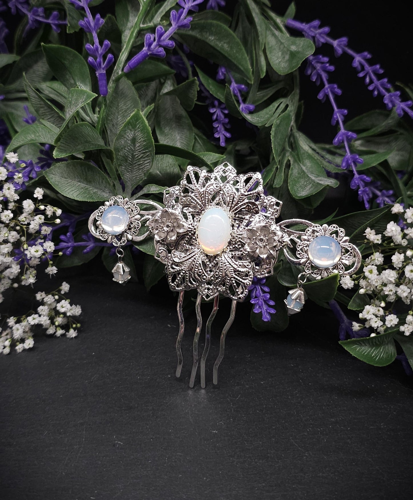 Jugendstil Haarkamm mit Opalith – Silberfarbener Braut Haarschmuck im Elfenstil - Fantasy Hochzeit Accessoire