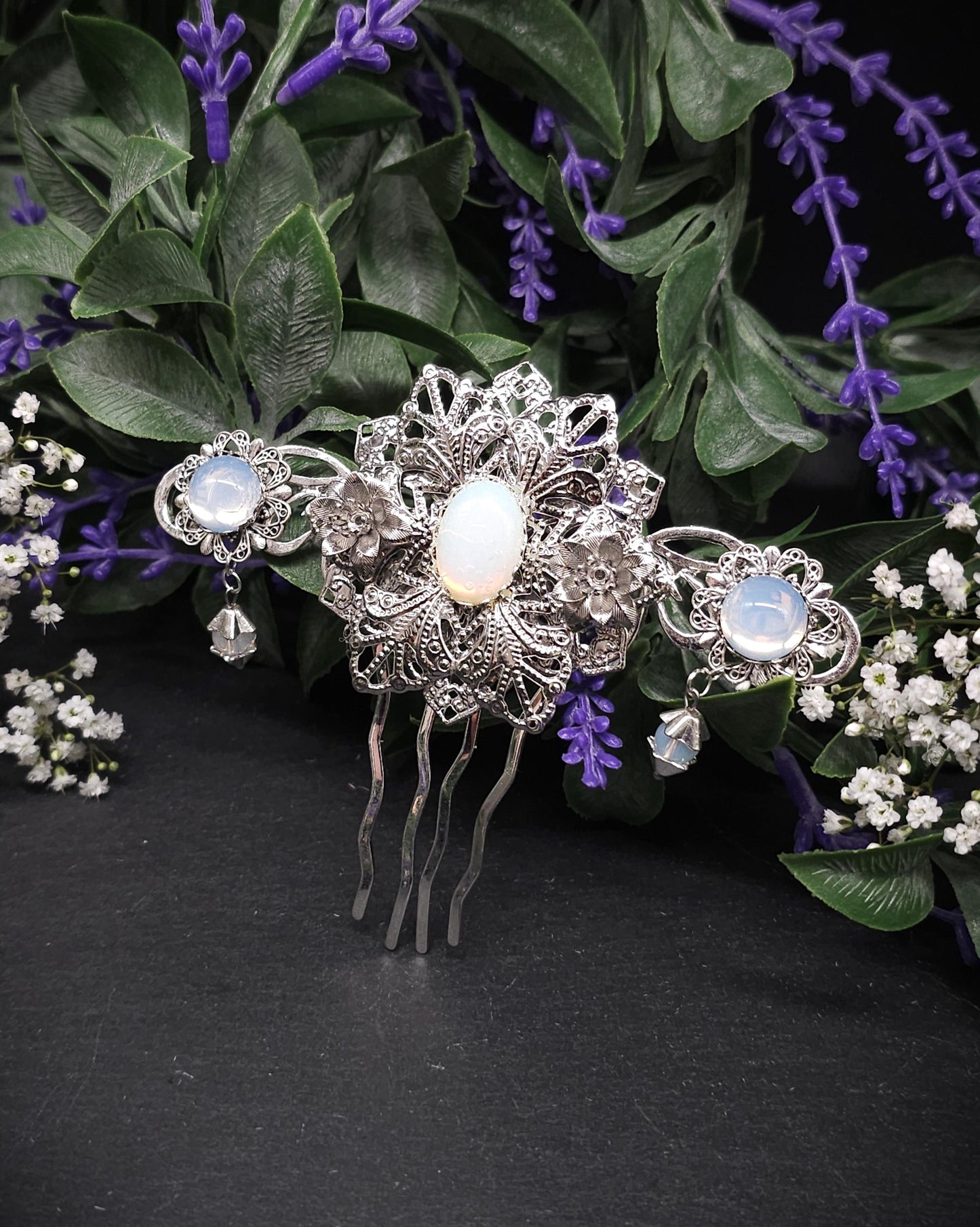 Jugendstil Haarkamm mit Opalith – Silberfarbener Braut Haarschmuck im Elfenstil - Fantasy Hochzeit Accessoire