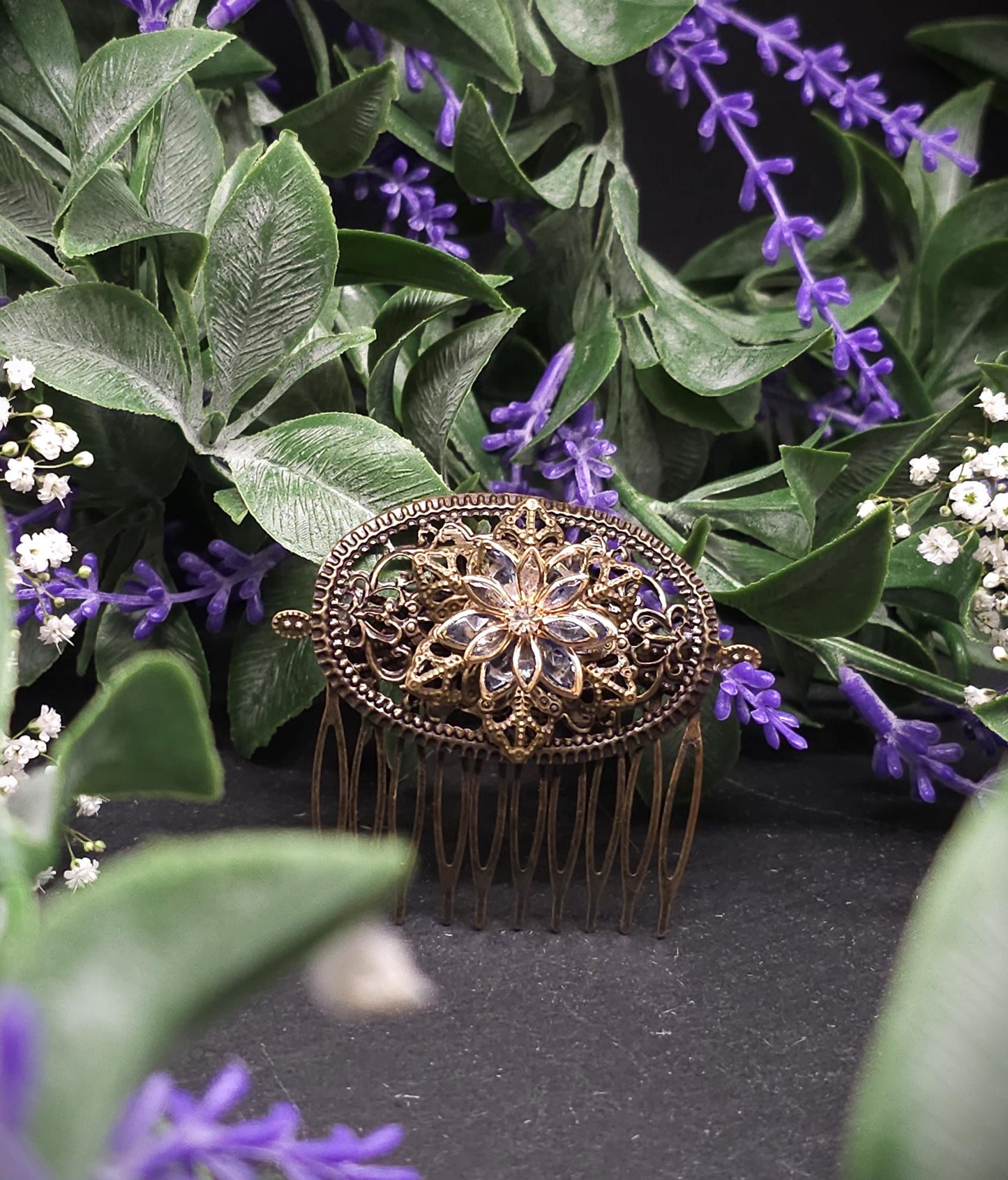 Kleiner Haarkamm in Bronze Optik ~ goldene Kristallblüte ~ filigraner Vintage Haarschmuck für Braut, LARP, Mittelalter und Gothic