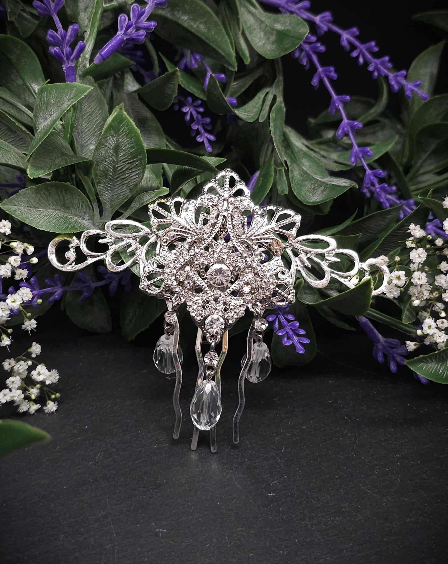 Silberner Haarkamm mit Strass-Elementen ~ Klare Glasperlen ~ Schmuck für Bräute, Hochzeiten, LARP, Gothic und Fantasy ~ Vintage Haarschmuck