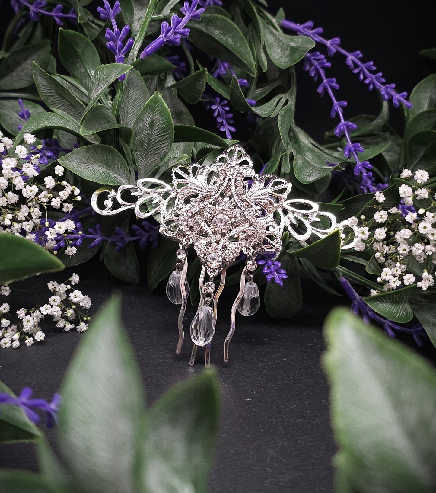 Silberner Haarkamm mit Strass-Elementen ~ Klare Glasperlen ~ Schmuck für Bräute, Hochzeiten, LARP, Gothic und Fantasy ~ Vintage Haarschmuck