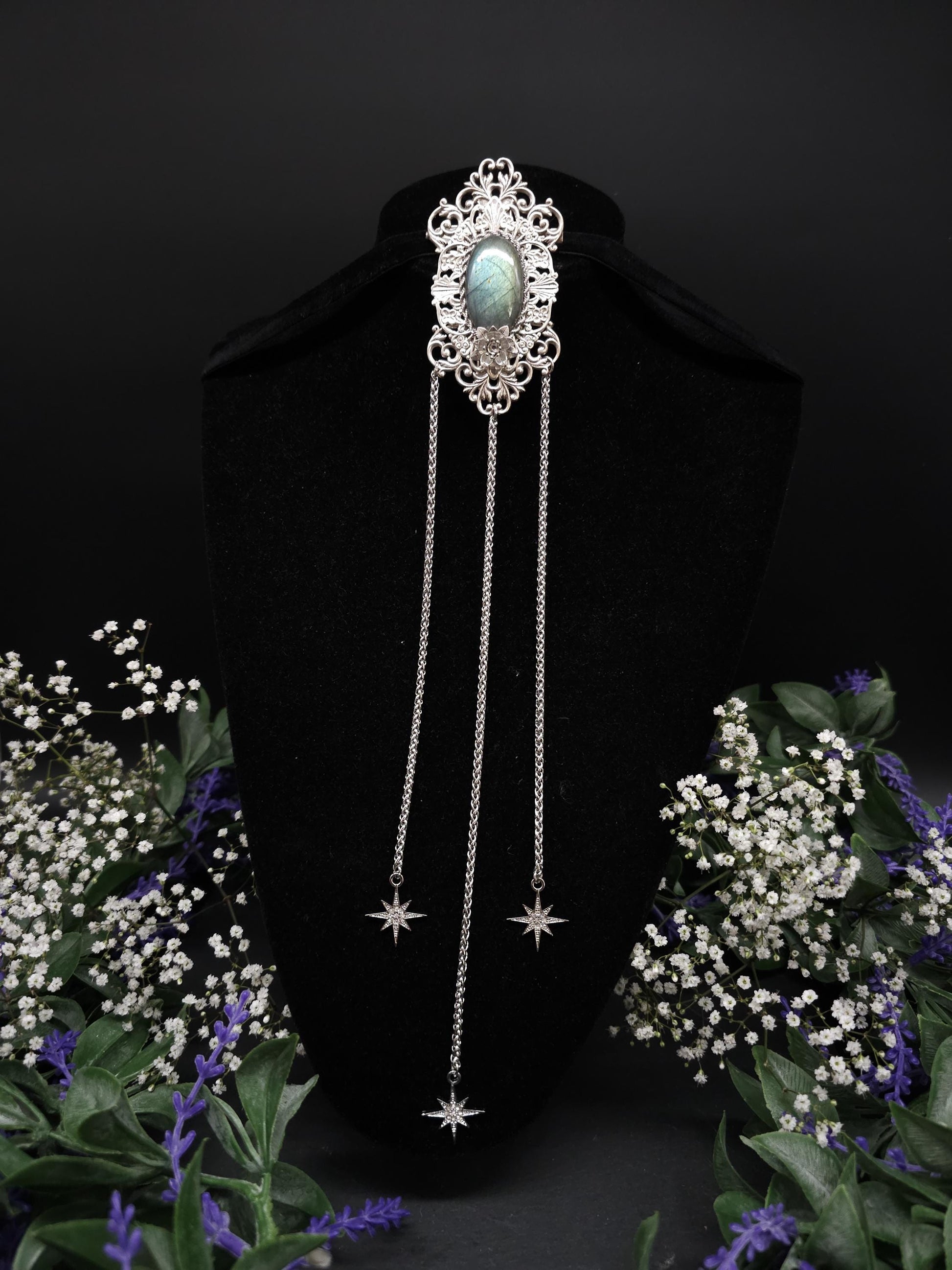 Jugendstil Brosche ~ Seltener Labradorit in Salbei türkis ~ Art Nouveau Accessoire für Schals, Tücher, Mittelalter, Gothic, Fantasy