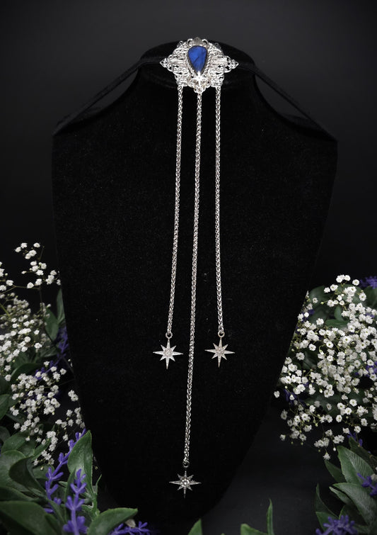 Labradorit Brosche mit Ketten und Sternen ~ Fantasy Elfen Pin ~ Jugendstil Brautbrosche – Mittelalter LARP Schmuck ~ Mystischer Anstecker