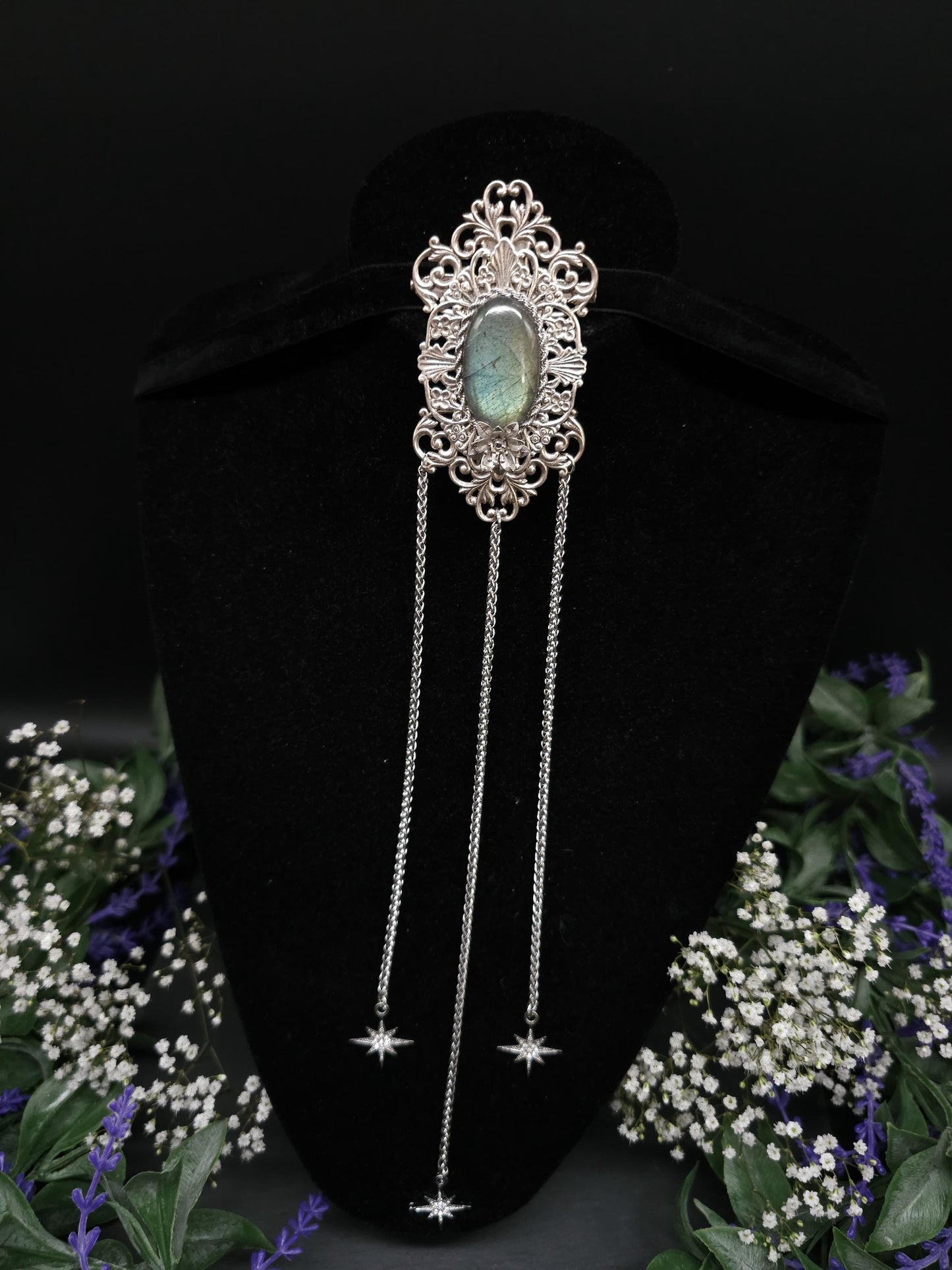 Jugendstil Brosche ~ Seltener Labradorit in Salbei türkis ~ Art Nouveau Accessoire für Schals, Tücher, Mittelalter, Gothic, Fantasy