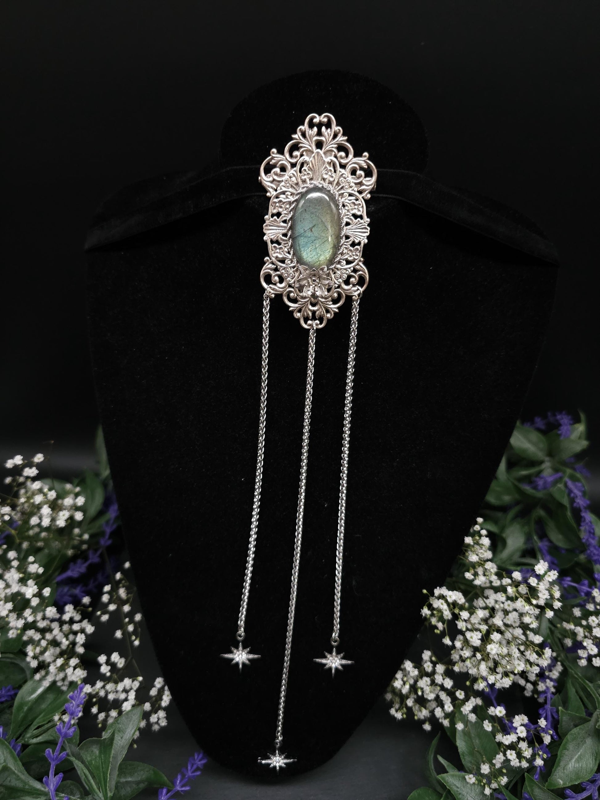 Jugendstil Brosche ~ Seltener Labradorit in Salbei türkis ~ Art Nouveau Accessoire für Schals, Tücher, Mittelalter, Gothic, Fantasy